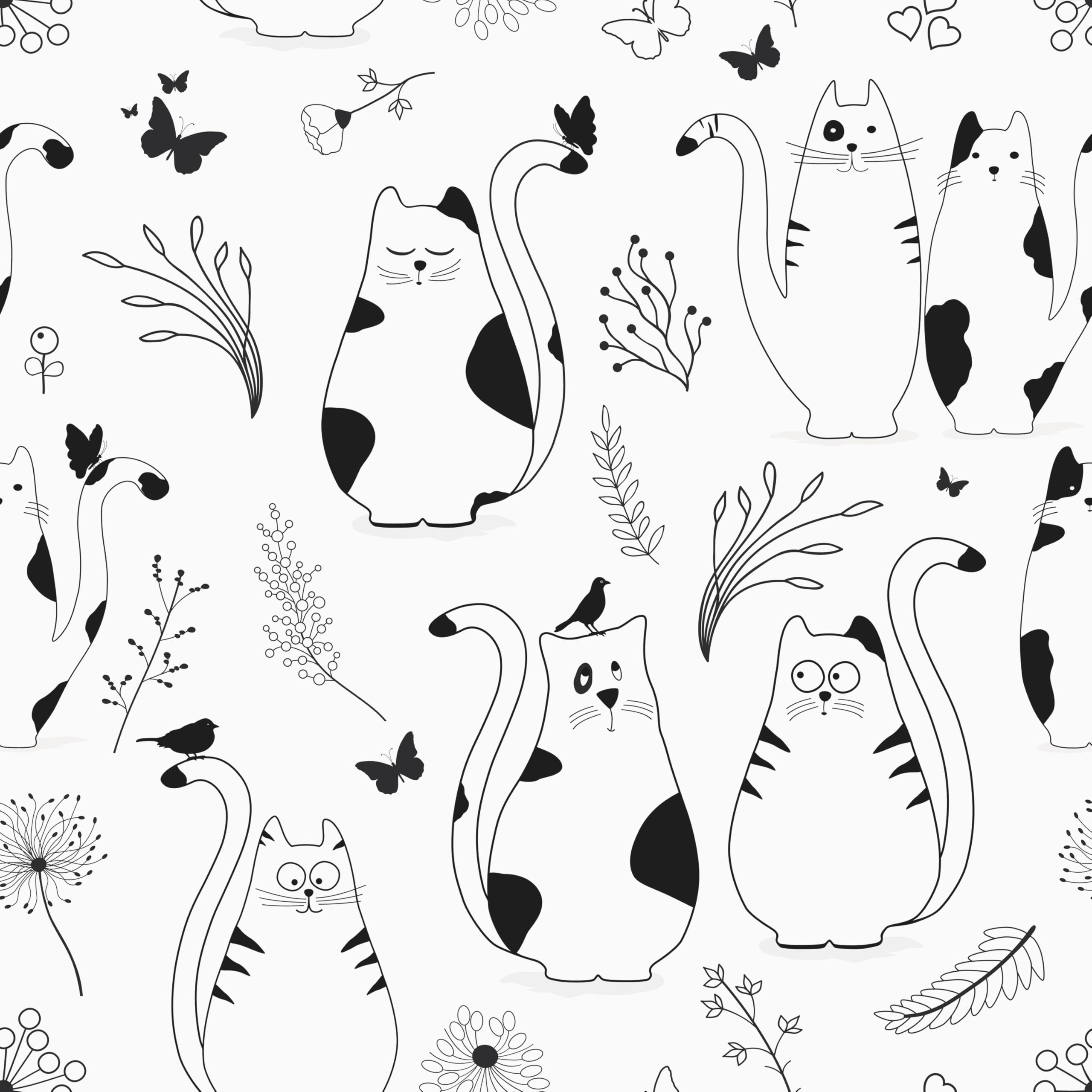 EPPKILY White/Black Cat Wallpaper Peel and Stick Animal Botanical Wallpaper Fun Cute Kitten Self Adhesive Removable Contact Paper for Kids Room
