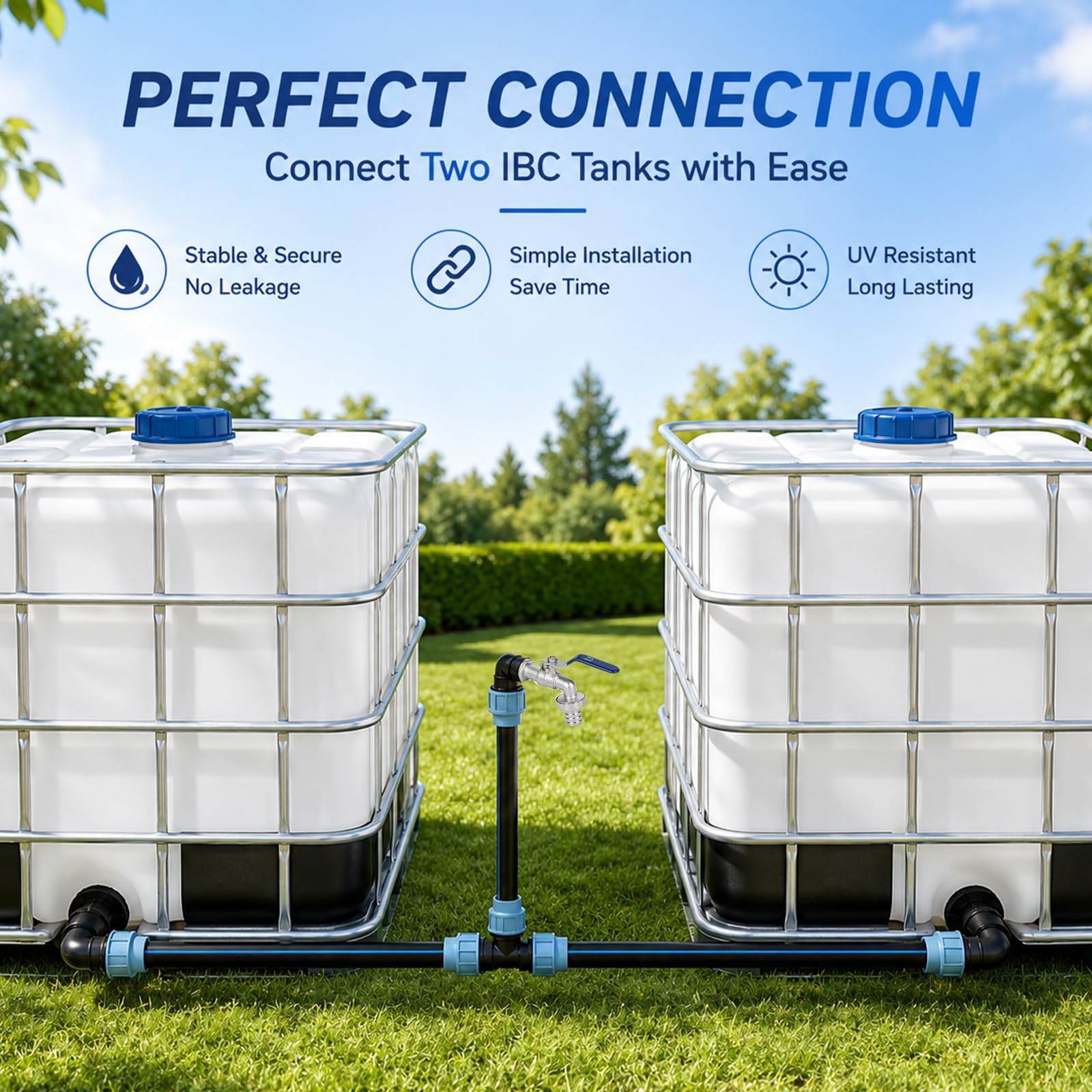 Ibc adapter z mosiężną łabędzią szyją, kran S60 x 6, kurek odcinający 3/4 cala, do 2 zbiorników IBC obok siebie/zbiorników na deszczówkę w zestawie, akcesoria do zbiornika IBC, zbiornik na wodę