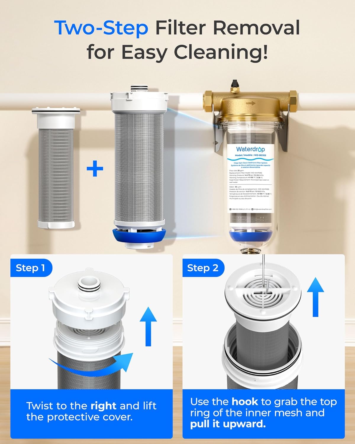 Waterdrop Mega Spin Down Sediment Filter, Upgraded Reusable Backwash Whole House Water Filter System for City/Well Water, 50 Micron+100 Micron, 1" MNPT + 3/4“FNPT, BPA Free