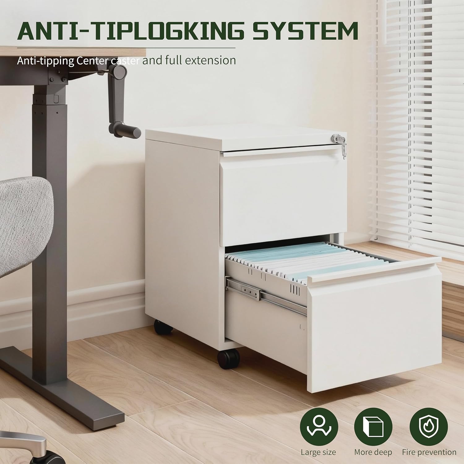 2 Drawer File Cabinet with Lock,Rolling Filing Cabinet with Wheels for Home Office,Under Desk Metal File Cabinet,Office Storage Organizer,White