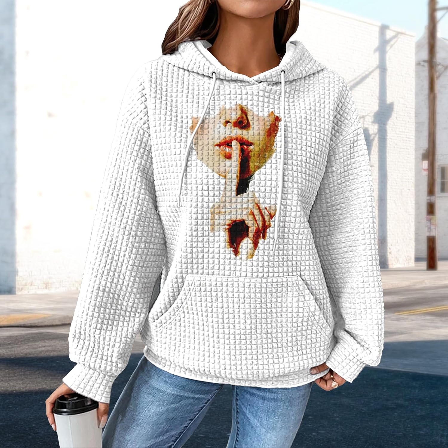 Women's Fashion Sweatshirt White Color Comfy Drawstring Plus Size Long Sleeve Crewneck Sports Hiking Hoodie - Image 2
