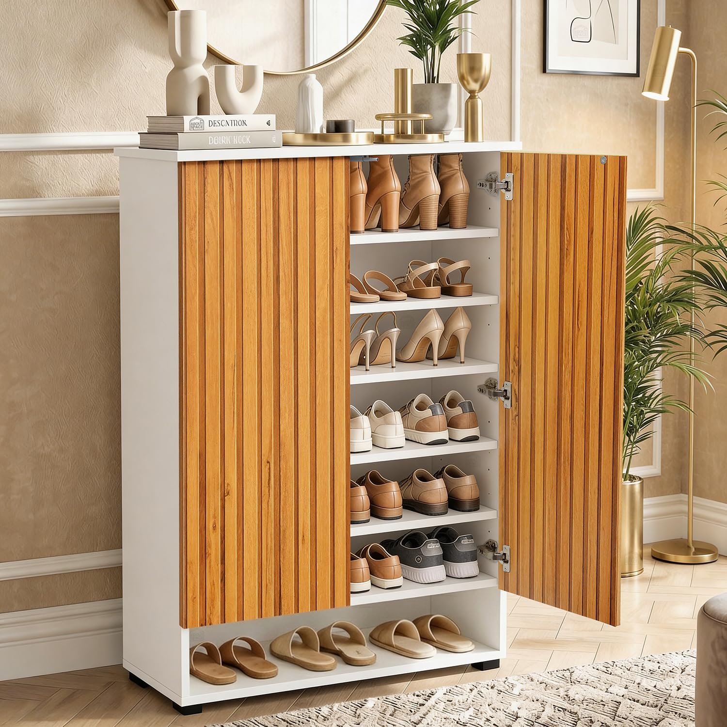 Click to enlarge ABOUT SPACE Shoe Cabinet - 7 Tier Shoe Rack with Door & Open Bottom Storage|Press Open 2 Door Engineered Wood Shoes Stand for Home | Smooth Non-Fluted-Effect Adjustable Shelf 18-21 Pair |White & Teak