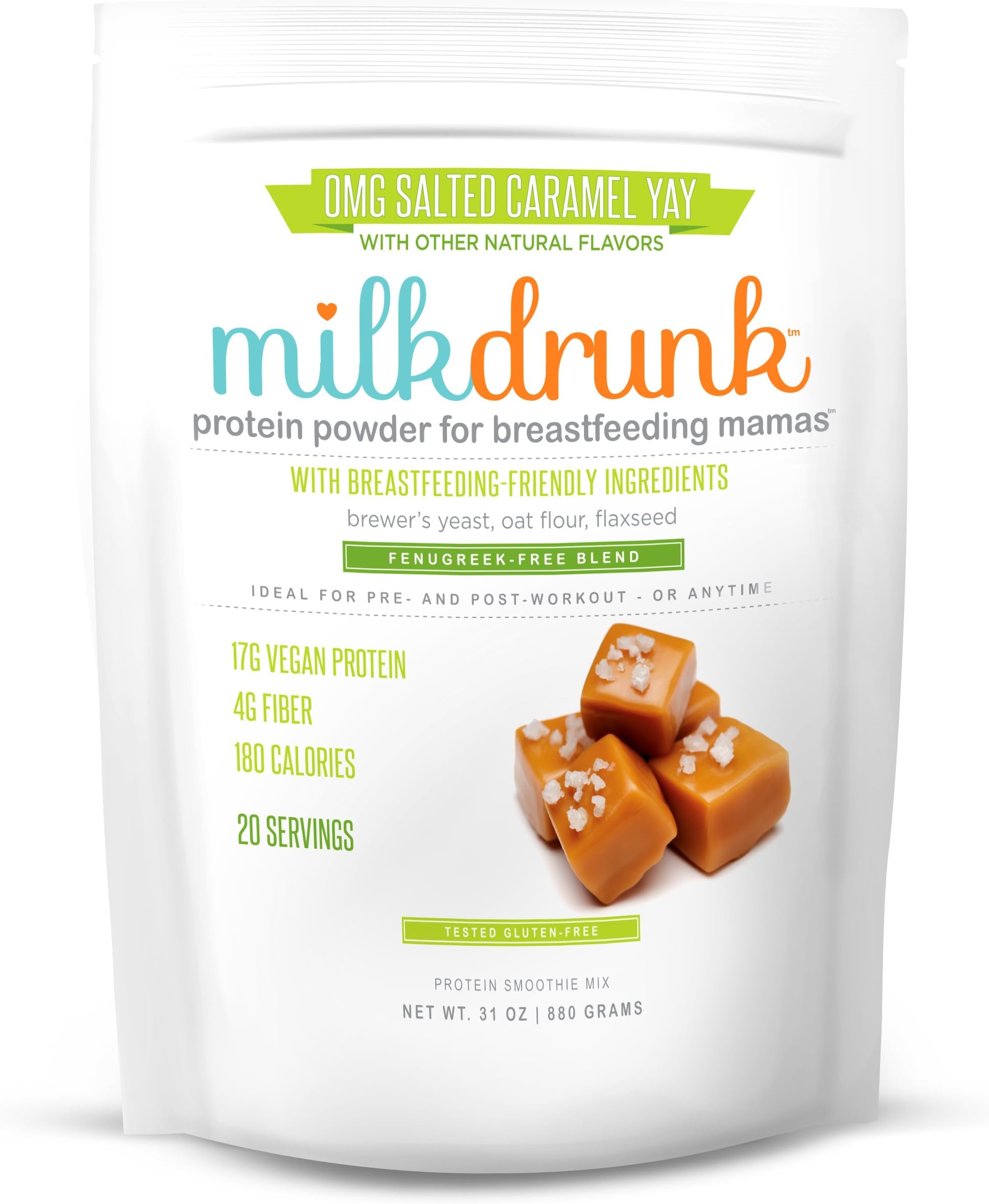 Milk Drunk Protein Powder for Breastfeeding, Salted Caramel Vegan Lactation Snack with Whole Food Ingredients, Herbal Free, 20 Servings, Brewer’s Yeast, Oats and Flax
