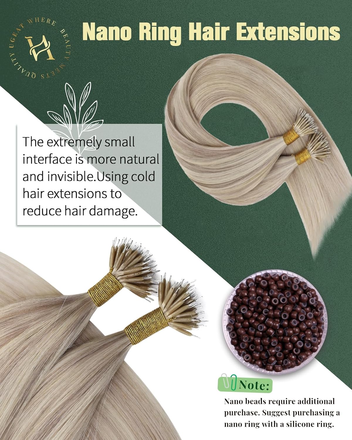Ugeat Nano Bead Hair Extensions Human Hair Highlight, Nano Extensions Human Hair 18 Inch 50g 50s, Nano Tip Real Hair, Ash Blonde Highlight Bleach Blonde