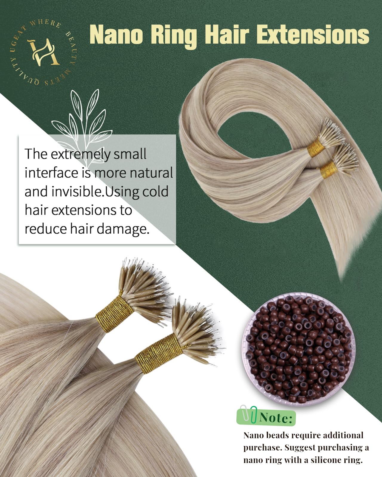 Ugeat Przedłużanie Włosów Nano Link, Włosy Ludzkie, Pasemka Popielaty Blond, 60 cm 50 sztuk 50g, Przedłużanie Włosów Nano Koralik Popielaty Blond, Remy Naturalne Proste
