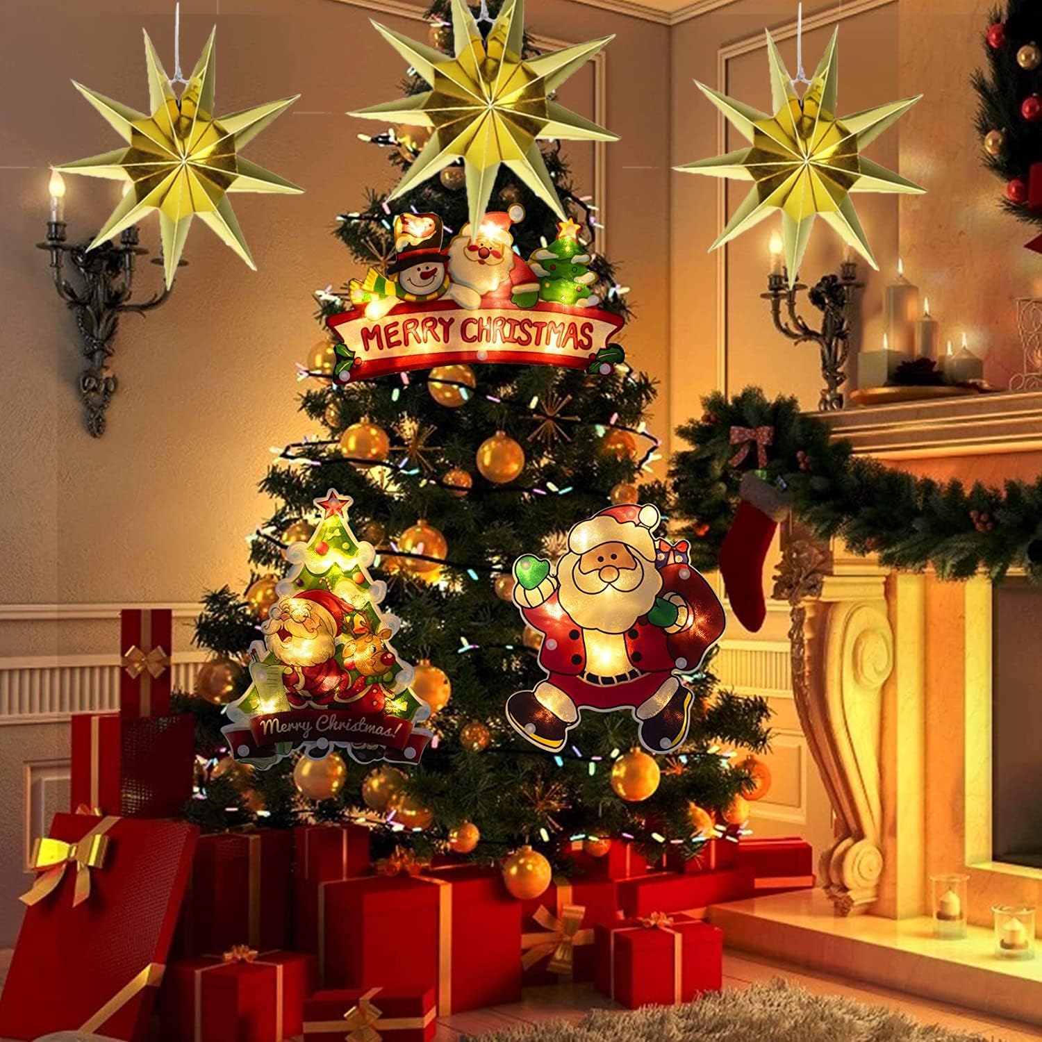 3 Pieces 9-Pointed White Paper Star Christmas Decorations Ceiling Tree Decorations Room Hanging Hanging Lampshade Christmas Holiday - Image 3