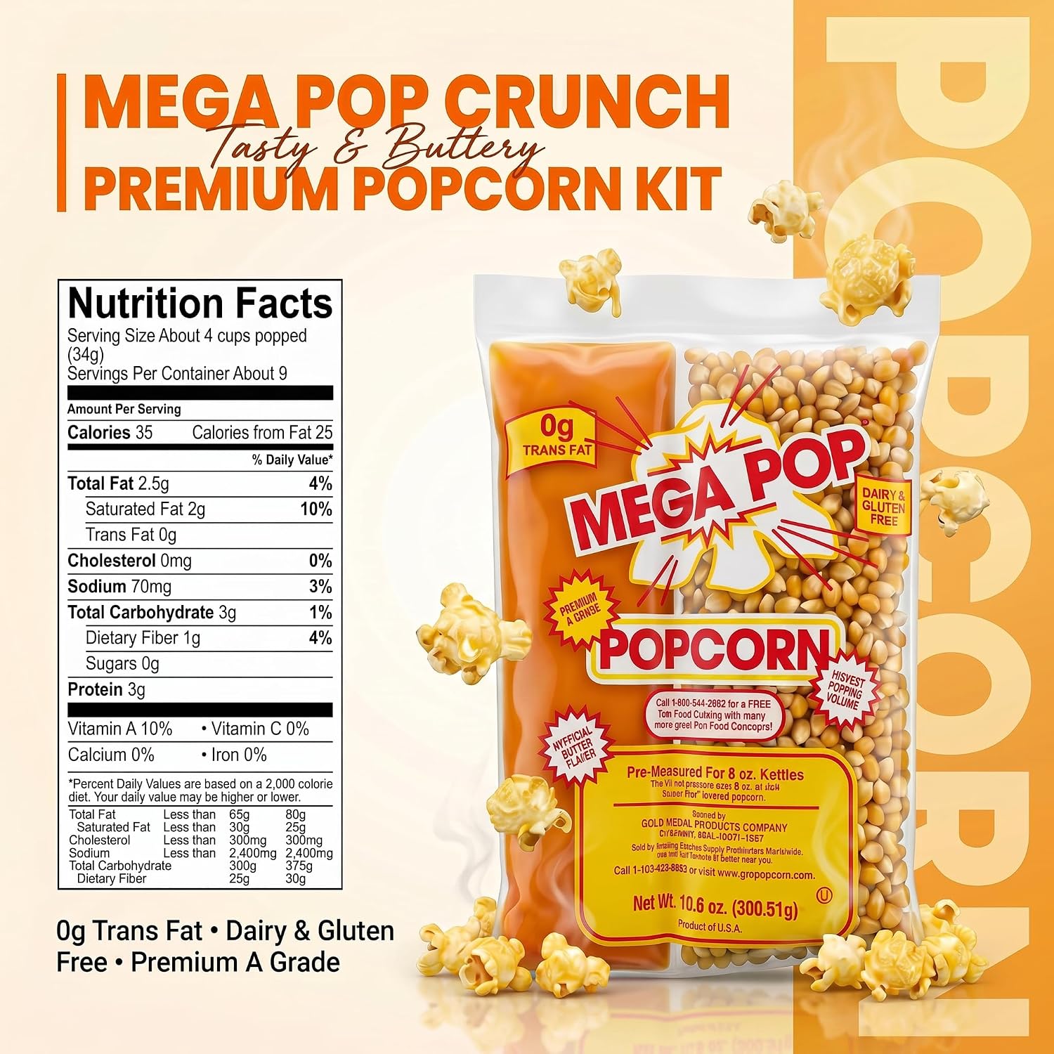 Mega Pop Popcorn Machine Popcorn Packets 10.6 oz | All in 1 Popcorn Kits with Oil, Salt & Butter Flavor | Popcorn Kernels Portion Packs for Popcorn Machines, Makes Movie Theater Pop corn, Pack of 6 image 2