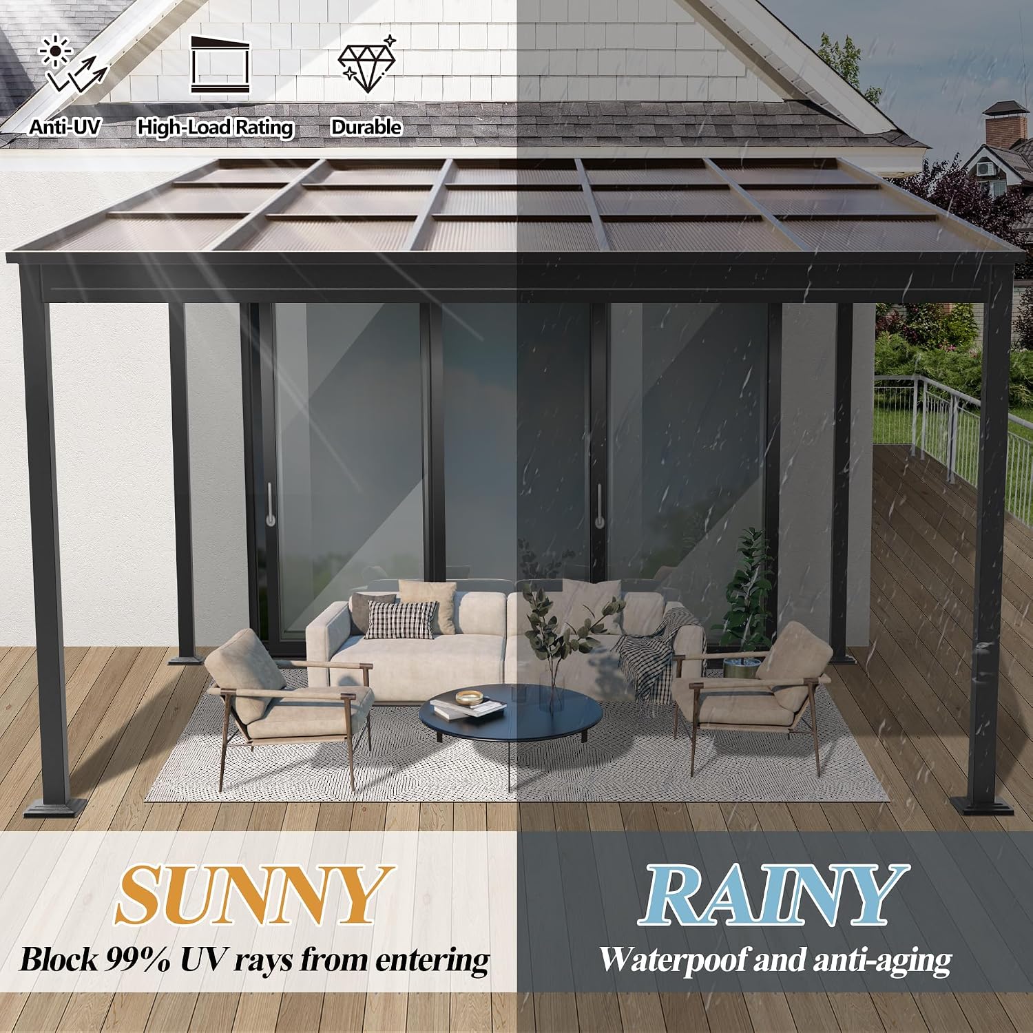 GARTOO 10’ x 13’ Upgraded Wall-Mounted Gazebo, Aluminum Outdoor Patio Lean to Gazebo Pergola with Roof, Canopy Awnings to House for Garden, Lawn, Backyard Deck and More