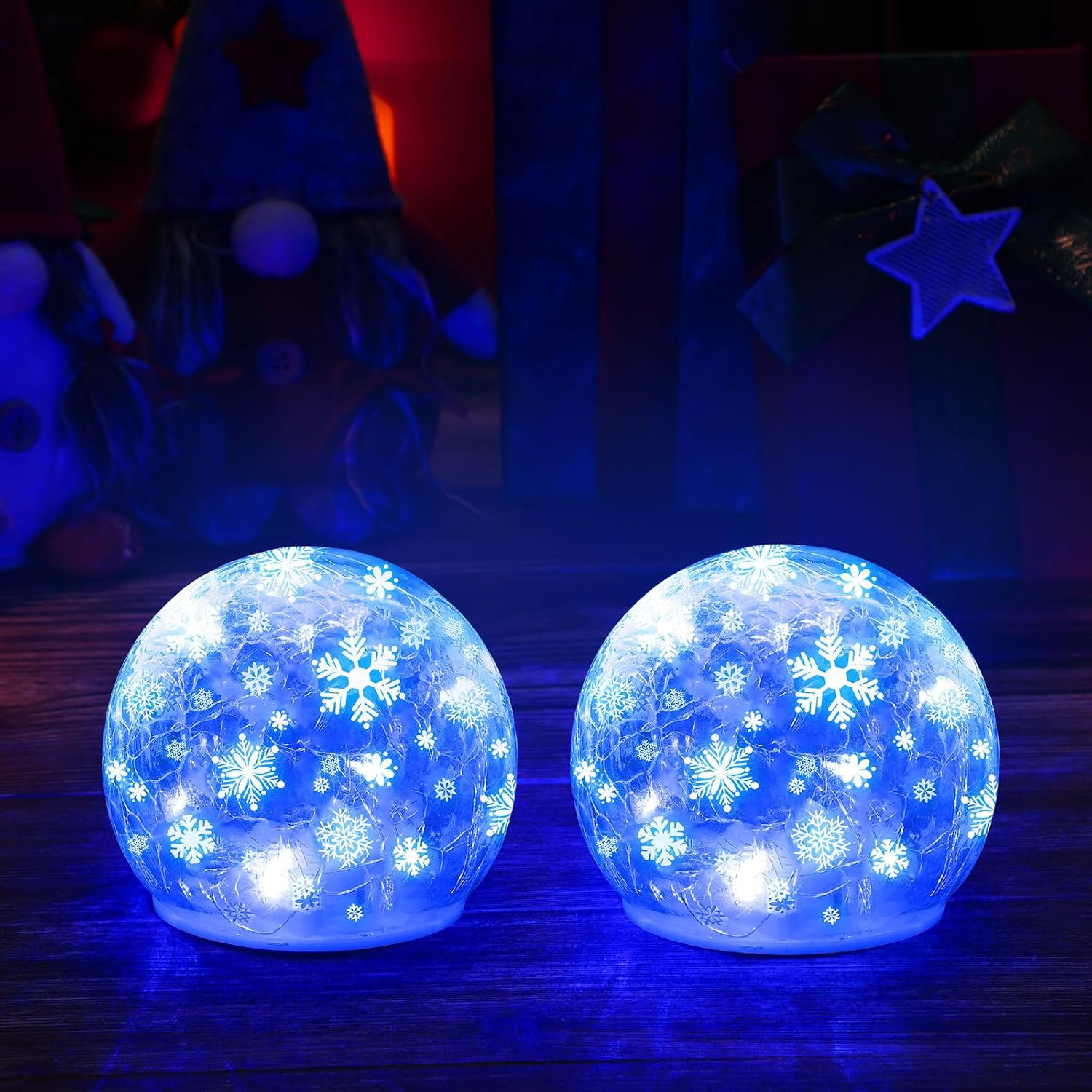 Rossesay 2 Pcs 3.9 Inch Snowflake Globe Ball Christmas Crackle Lighted up Glass Ball Orb LED Mercury Glass Lamp Crystal Table Centerpiece for Home Indoor Patio Porch Winter Christmas Birthday Gift
