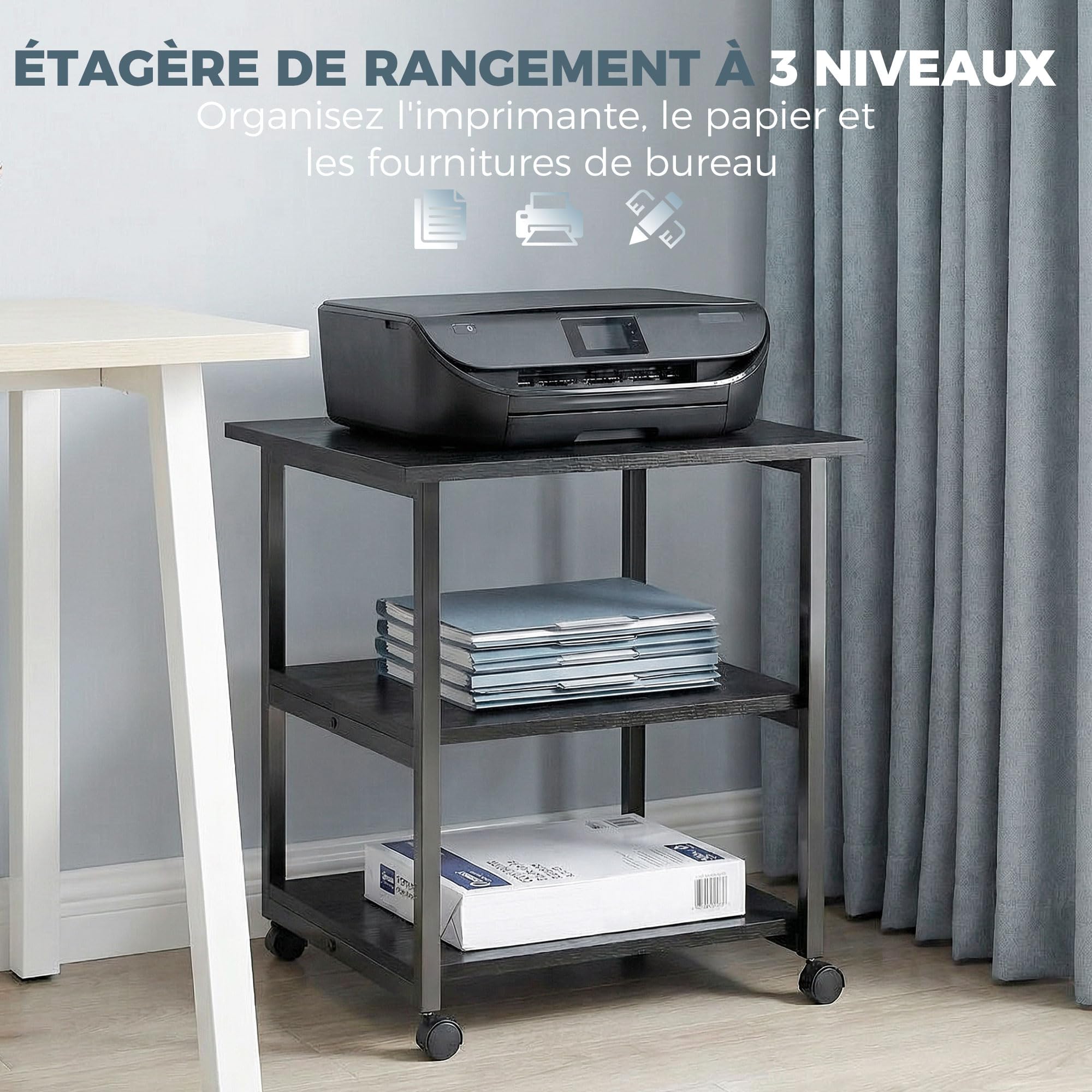 HOMCOM Support d'Imprimante 3 Niveaux sur roulettes 50 x 50 x 52,5 cm Noir | Desserte de Rangement, Étagères Mobile