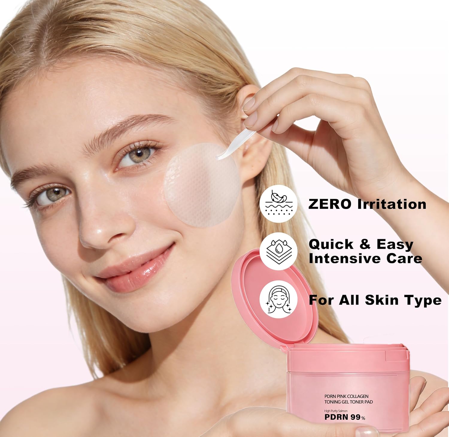 Salmon PDRN Collagen Toner Pads (60 Count) - Korean Pink Gel Pads with Collagen & Madecassoside, Soothing Face Pad to Calm Redness, Soothing, Radiance, Uneven Skin Tone,Collagen Jelly Pad