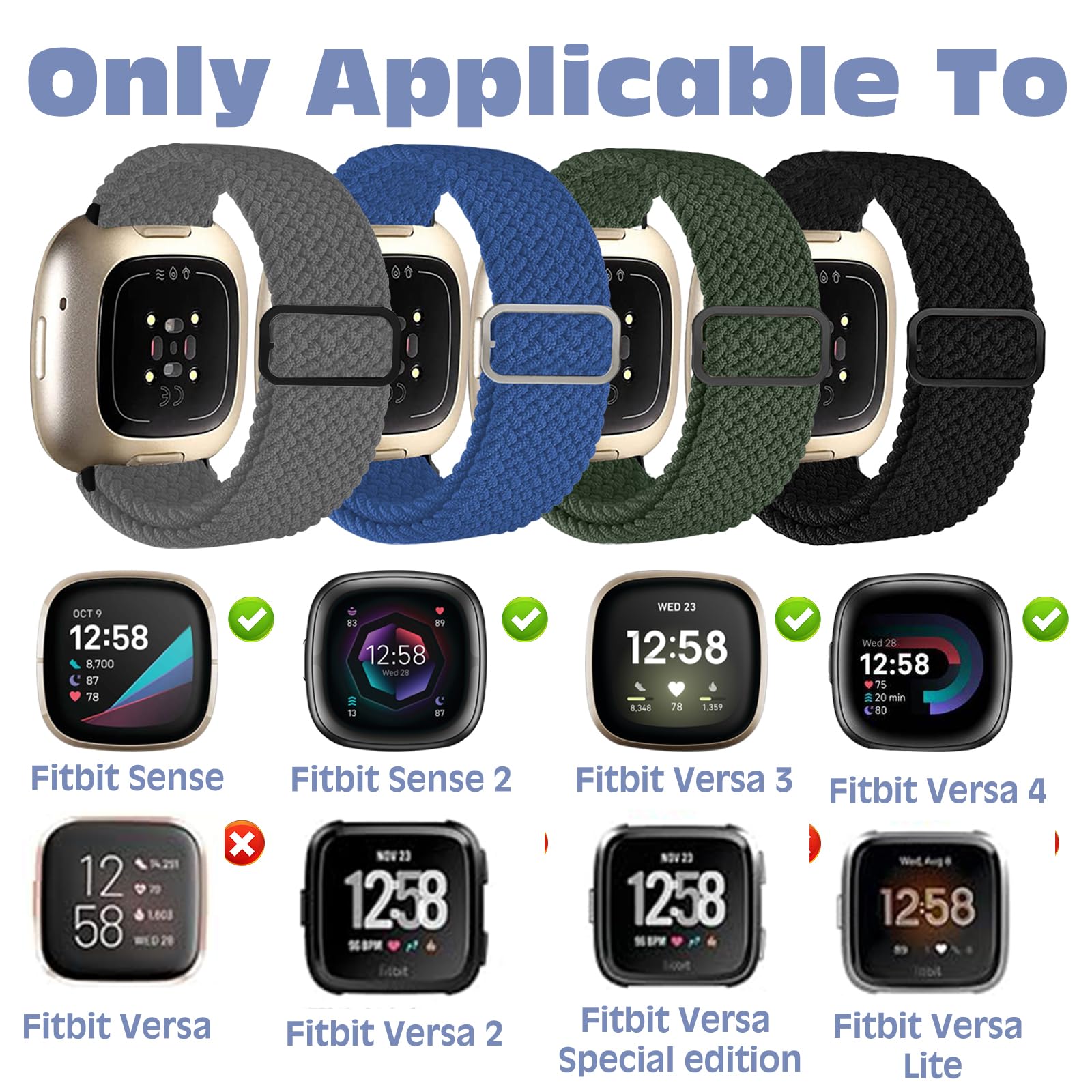 4 Pezzi Cinturino Elasticizzato Compatibile con Fitbit Versa 4/Versa 3/Fitbit Sense/Sense 2, Regolabile Nylon Cinturino per Fitbit Versa 4, Multicolore Intrecciato Cinturino per Uomini e Donne