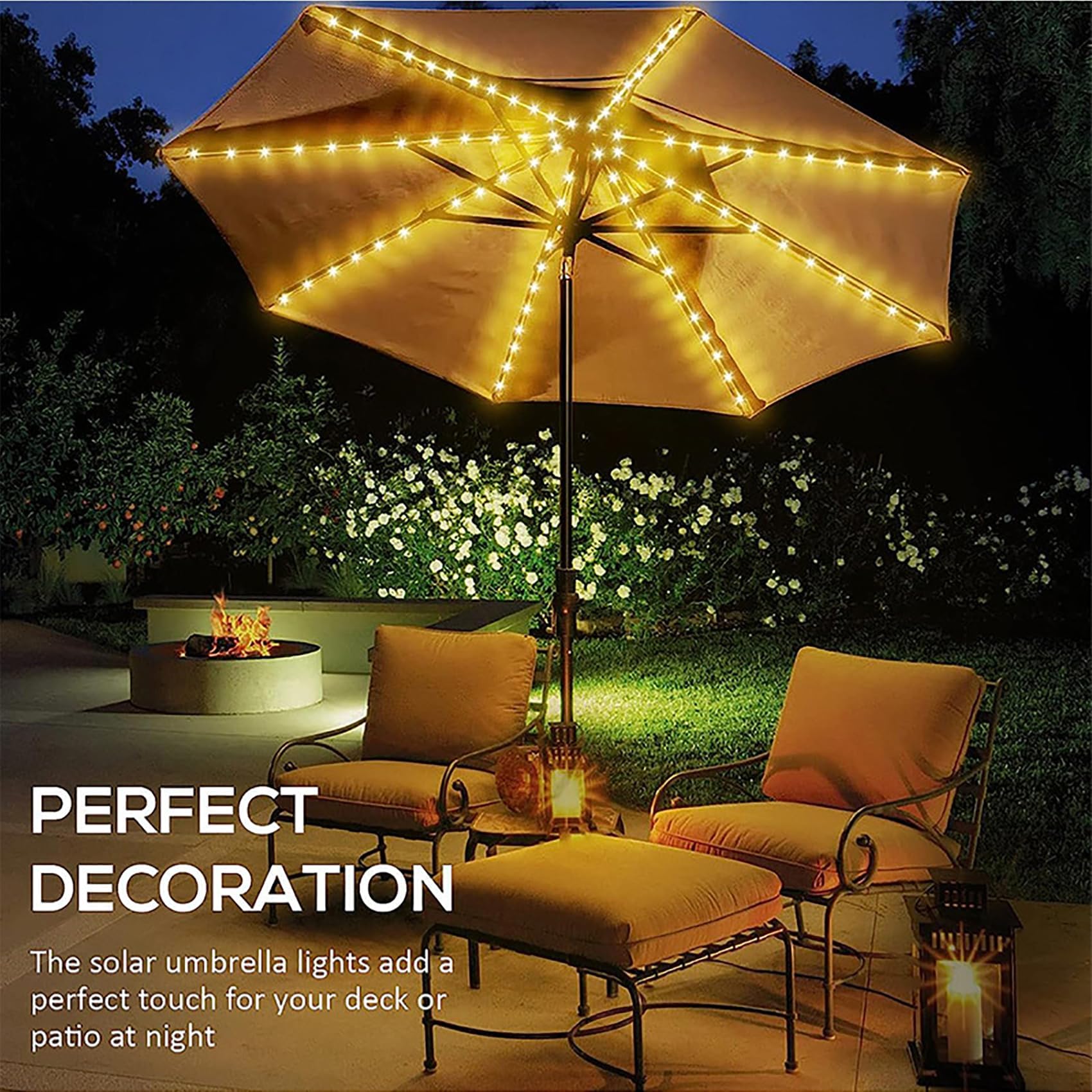 Luces para sombrilla, 104 LED impermeables, a pilas, con control remoto, 8 modos de iluminación para exteriores, patio, jardín y tiendas de campaña (Blanco cálido)