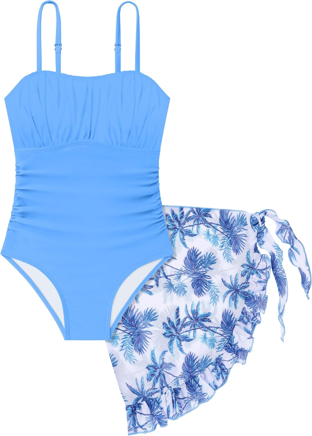 Girls Swimsuits One Piece Ruched Solid Color with Floral Printed Cover Up Skirt Girls Bathing Suits