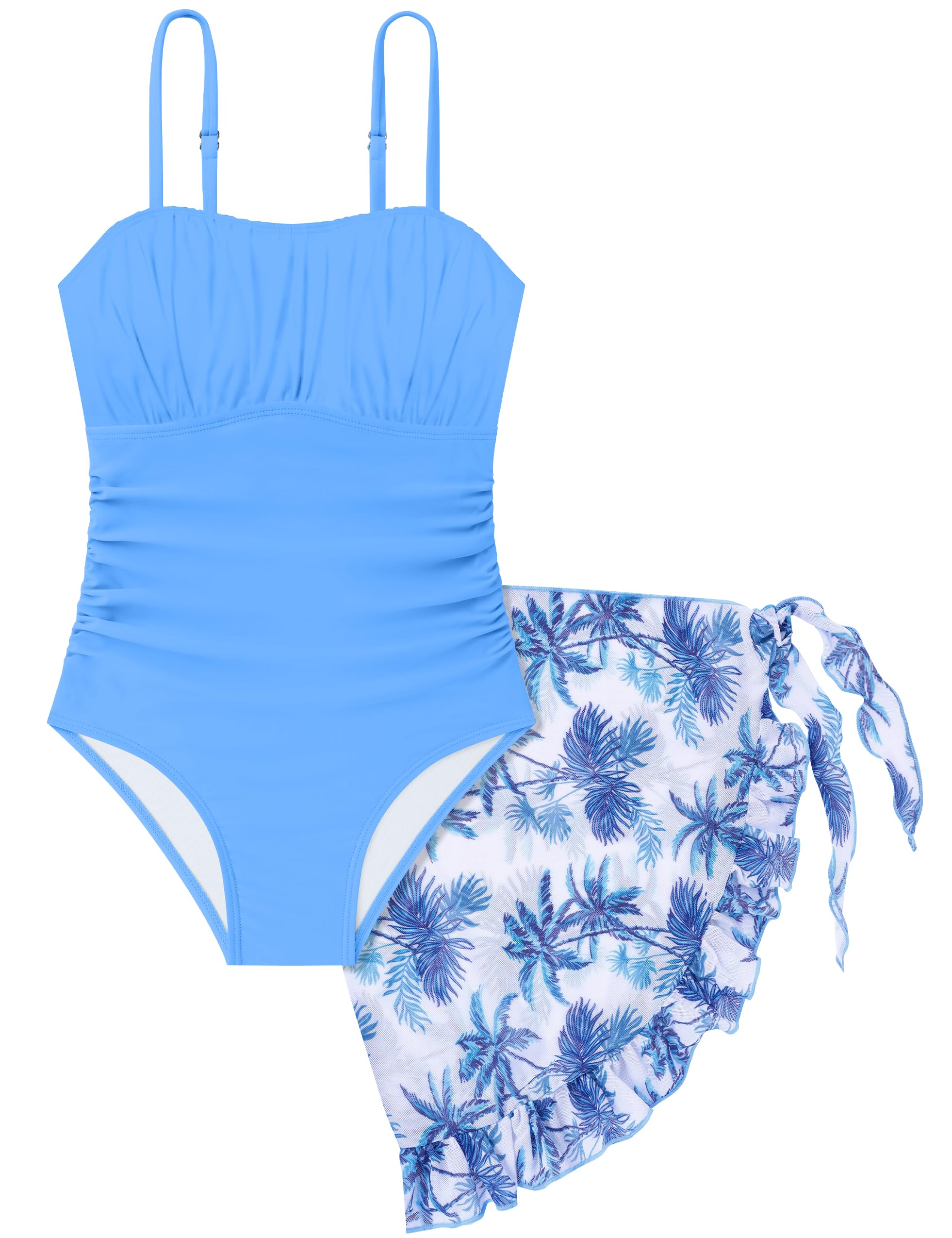Girls Swimsuit One Piece Swimwear Top with Tropical Print Cover Up Skirt Girls Bathing Suit 6-16 Years