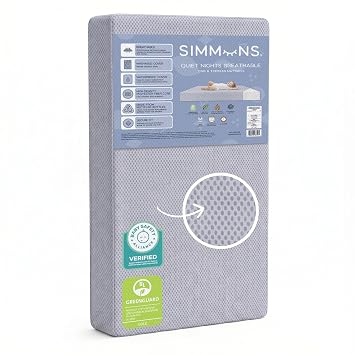 Simmons Kids Quiet Nights Breathable Baby Bed Crib Mattress and Toddler Mattress with Removable/Machine Washable Cover - GREENGUARD Gold Waterproof - Sustainably Sourced Core Fiber Core, Blue
