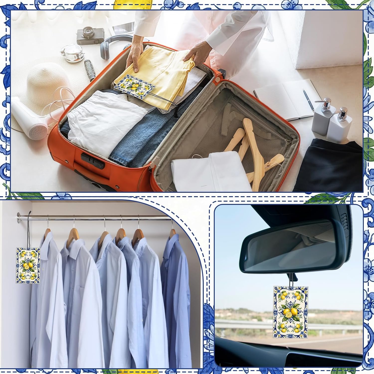 Siifert 20 Pcs Blue Tiles Lemon Car Air Fresheners Hanging Italian Lemons Car Decorations Lemon Air Freshener Long Lasting Scent for Auto Mediterranean Party Favors