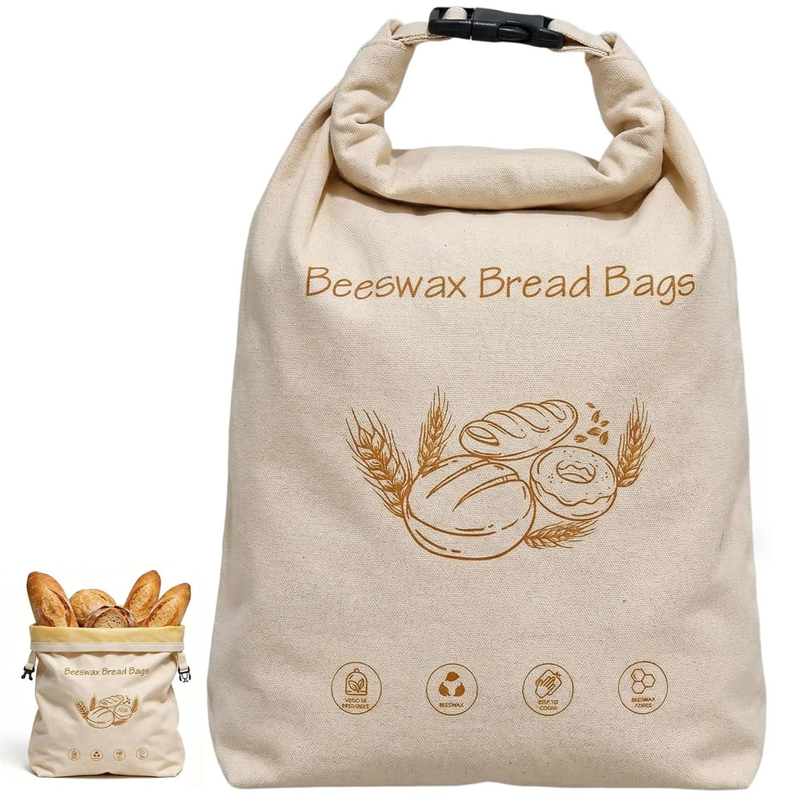 Bread Bag, Wide Zipper Access Cotton& Beeswax Bread Bags, Reusable Beeswax Food Storage Bags, Portable Cotton Food Storage Bag for Home Bakers, Sourdough, Artisan Loaves to Keep Fresh