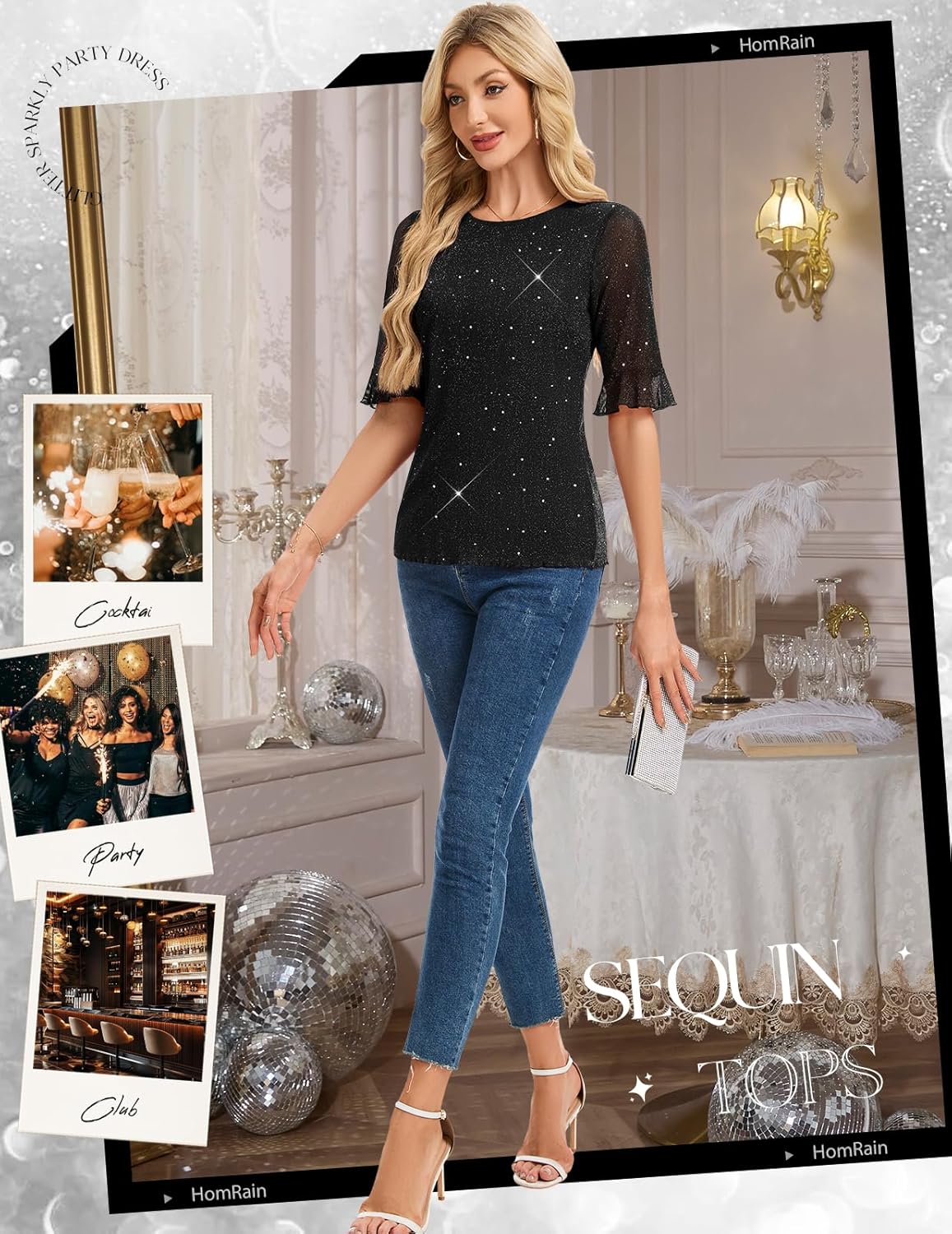 HomRain Womens Ruffle 3/4 Sleeve Sparkle Top Blouses Casual Shirts Crew Neck Glitter Night Out Tops for Elegant Evening