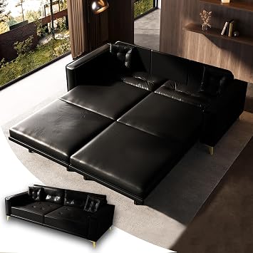 92.1 King Pull out Sofa Bed, Convertible Futon Couch, 3-in-1 Faux Leather Sleeper Sofa with Tufted Back, 2 Pillows, Gold Legs, Deep Folding Loveseat Couches for Living Room, Apartment, Black