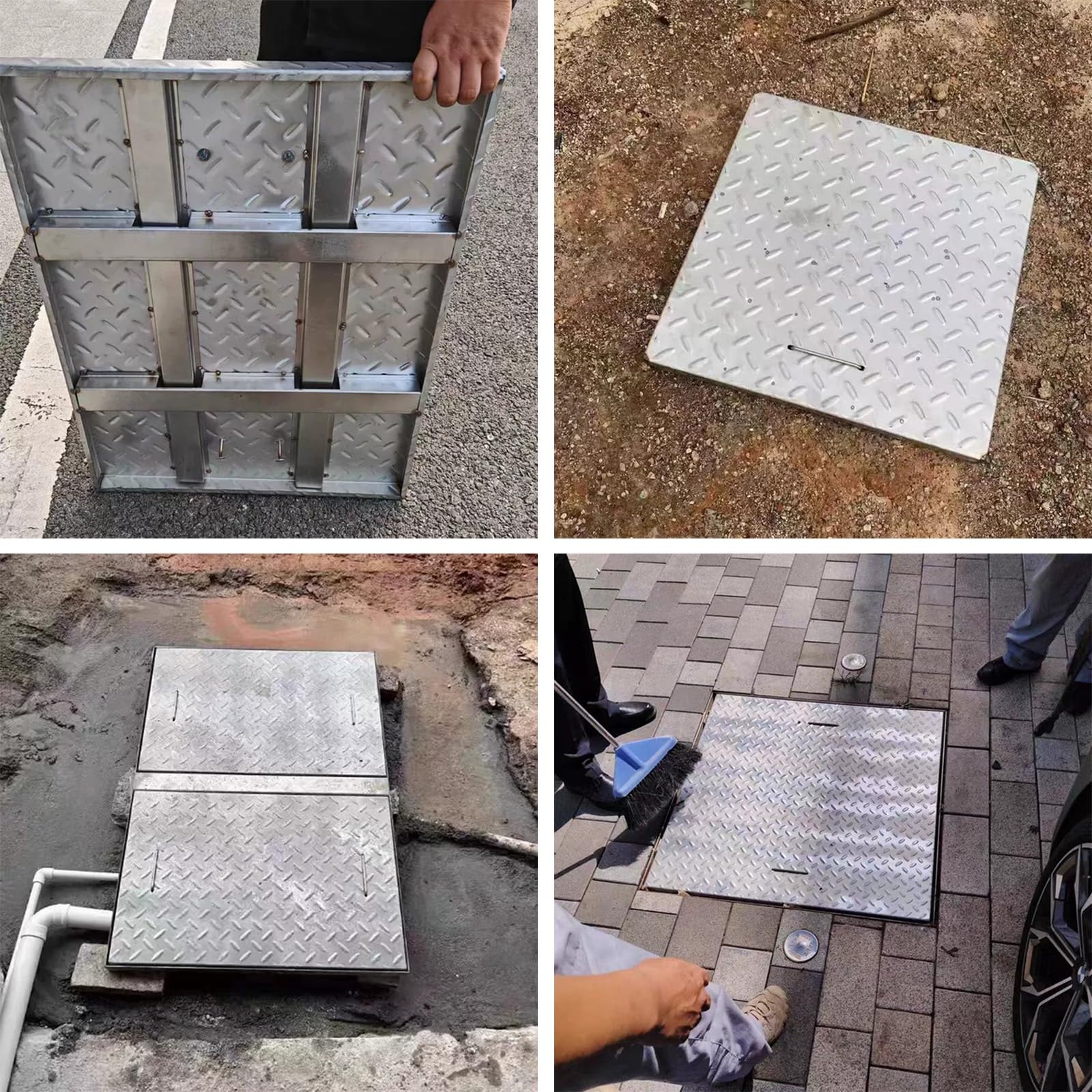 Tapa Arqueta, Cubierta y Marco de Boca de Acero Inoxidable, Cuadrada de Tanque Séptico con Asa de Cuero para Entradas de Vehículos, Patios y Jardines(80cm/31in)