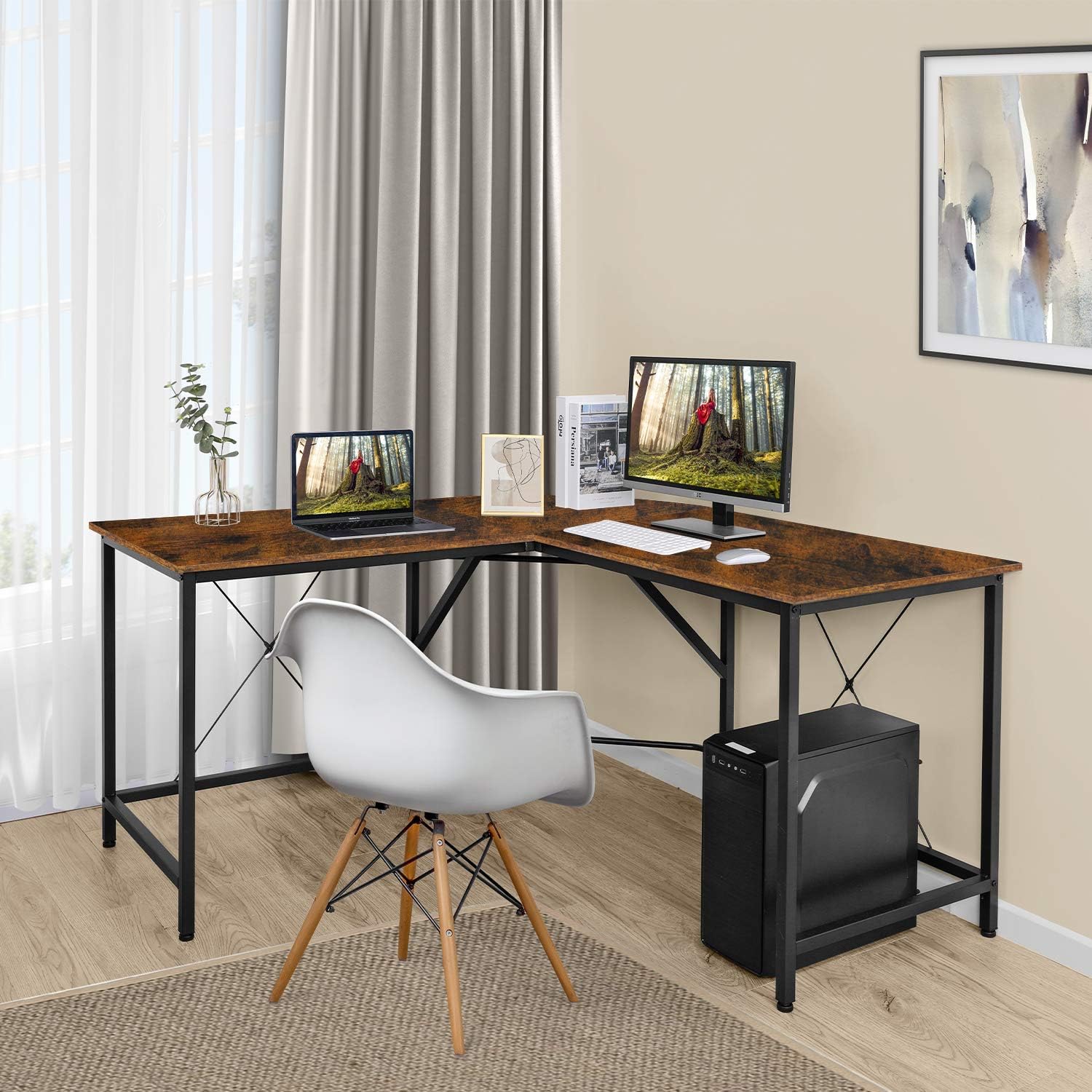 BAHOM 55" L-Shaped Computer Desk, Round Corner Home Gaming Desk, Office Writing Workstation, Space-Saving, Easy to Assemble (Retro)