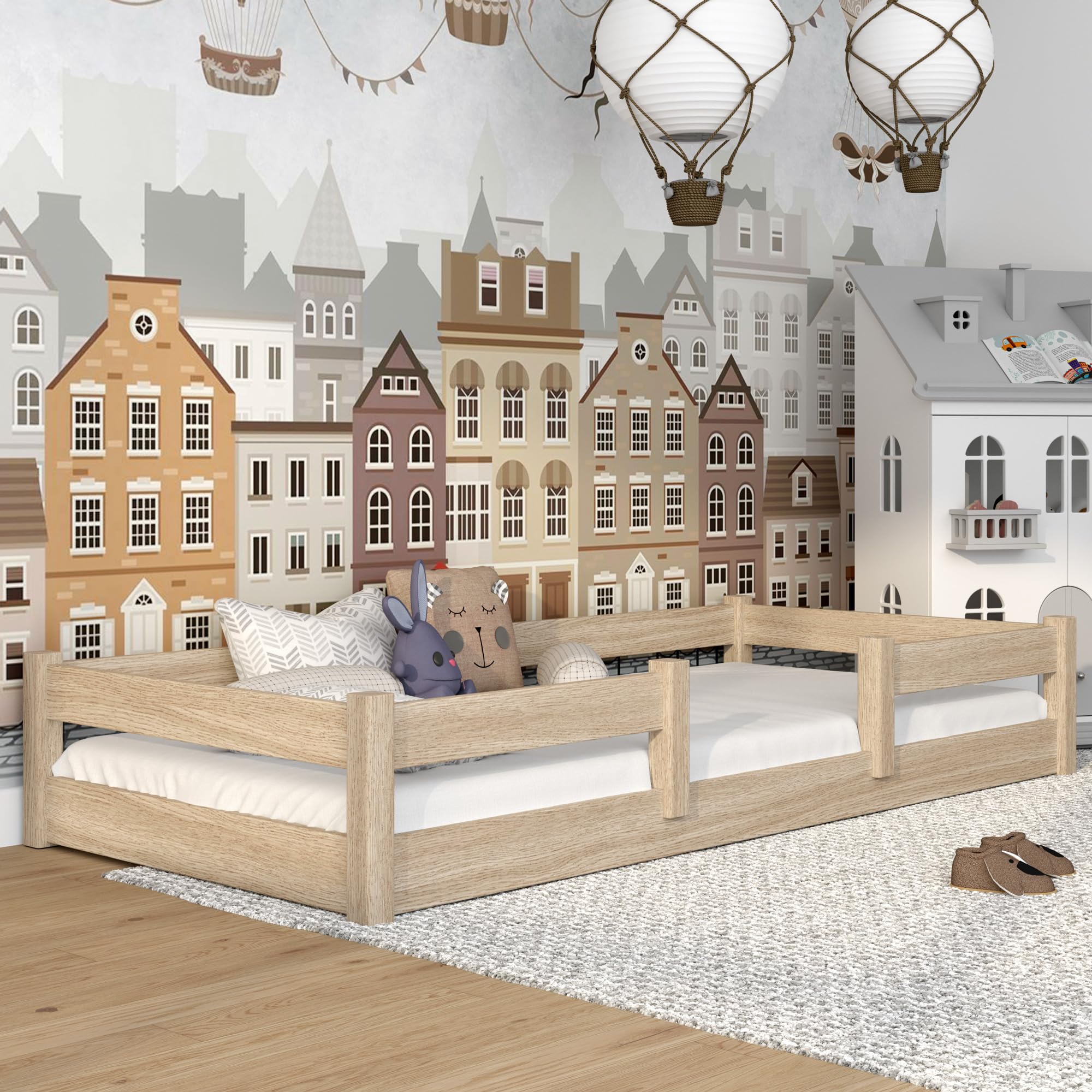 N01 Letto montessoriano 120x190 in legno massello, Lettini a pavimento, Basso per bambini con barriera di protezione, Rete a doghe inclusa, Fatto a mano, Angoli arrotondati, Quercia sbiancata