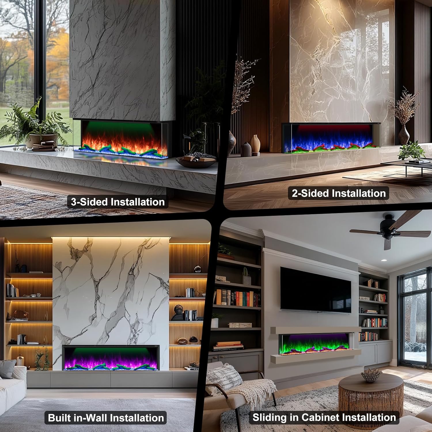 80 Inch 3 Sided Smart WiFi Electric Fireplace Insert with 251 RGB Flame Colors, Recessed Heater, App & Remote Control, 750W/1500W Dual Heat for Large Room up to 400 sq ft, ETL Certified