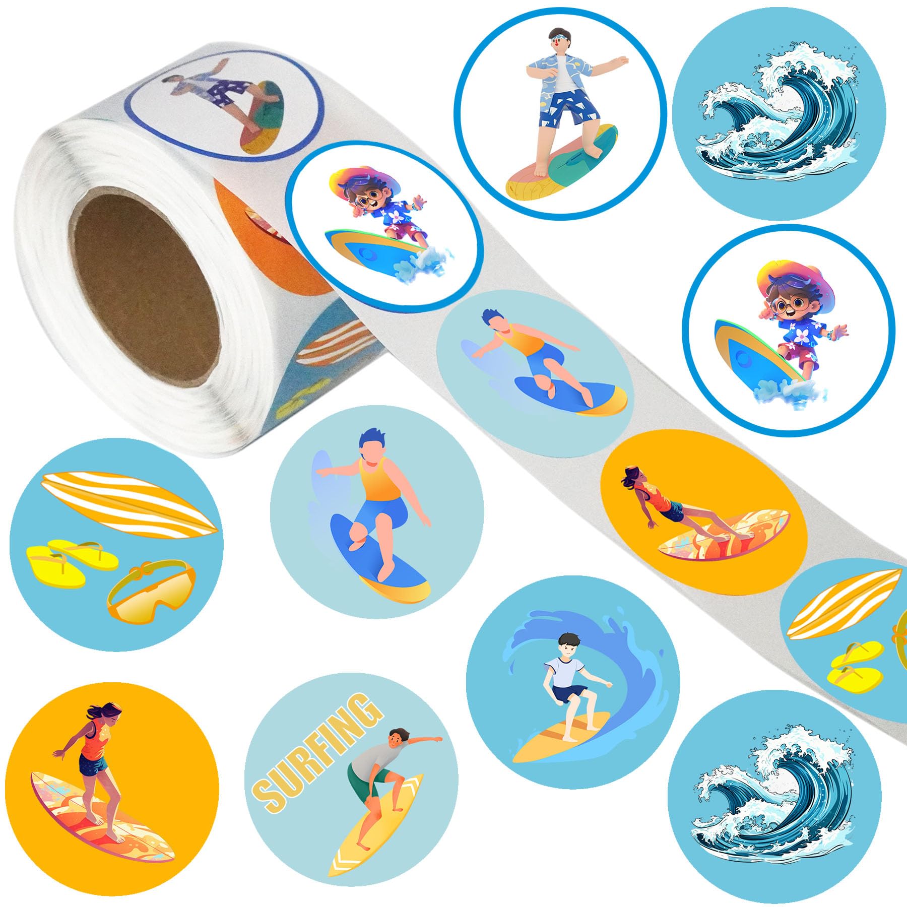 500 Pieces Surfs Up Party Decorations Labels Roll Stickers - Summer Surf Themed Party Supplies Decor Favors Surf's Up Jar Containers Letter DIY Sticker Surfing Labels Decals
