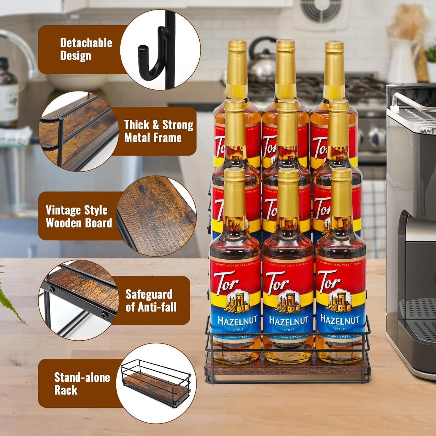 9 Bottle Coffee Syrup Organizer Rack, 3 Tier Coffee Syrup Bottle Stand Holder for Coffee Bar, Installation-free, Liquor Bottle Display Shelf, Coffee Syrup Shelf for Liquor Whiskey Wine Display image 5