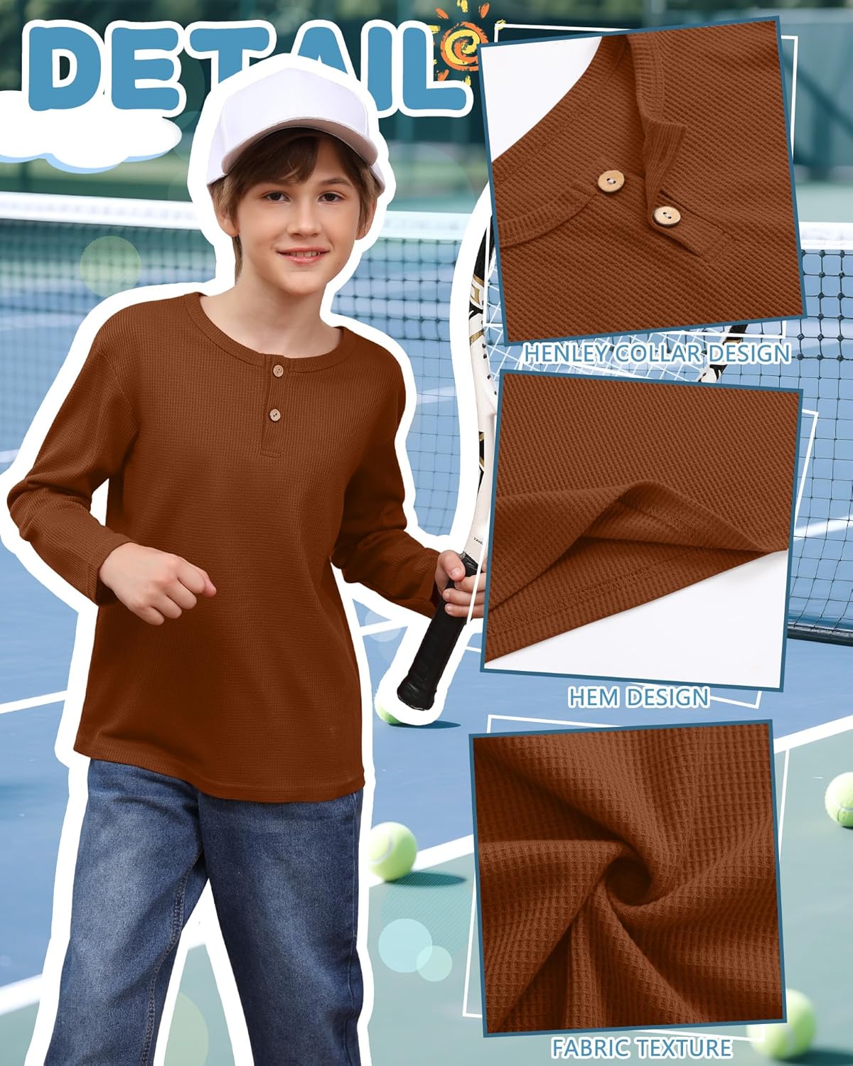 3 Pack Boy's Henley Long Sleeve Shirts Waffle Thermal Tops 5-14 Years Cotton Blend Knit Sweatshirt for School