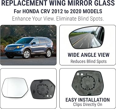 Heated Wing Mirror Glass Left Passenger Side for Honda CR-V 2012–2020 Clip-On Replacement with Backing Plate