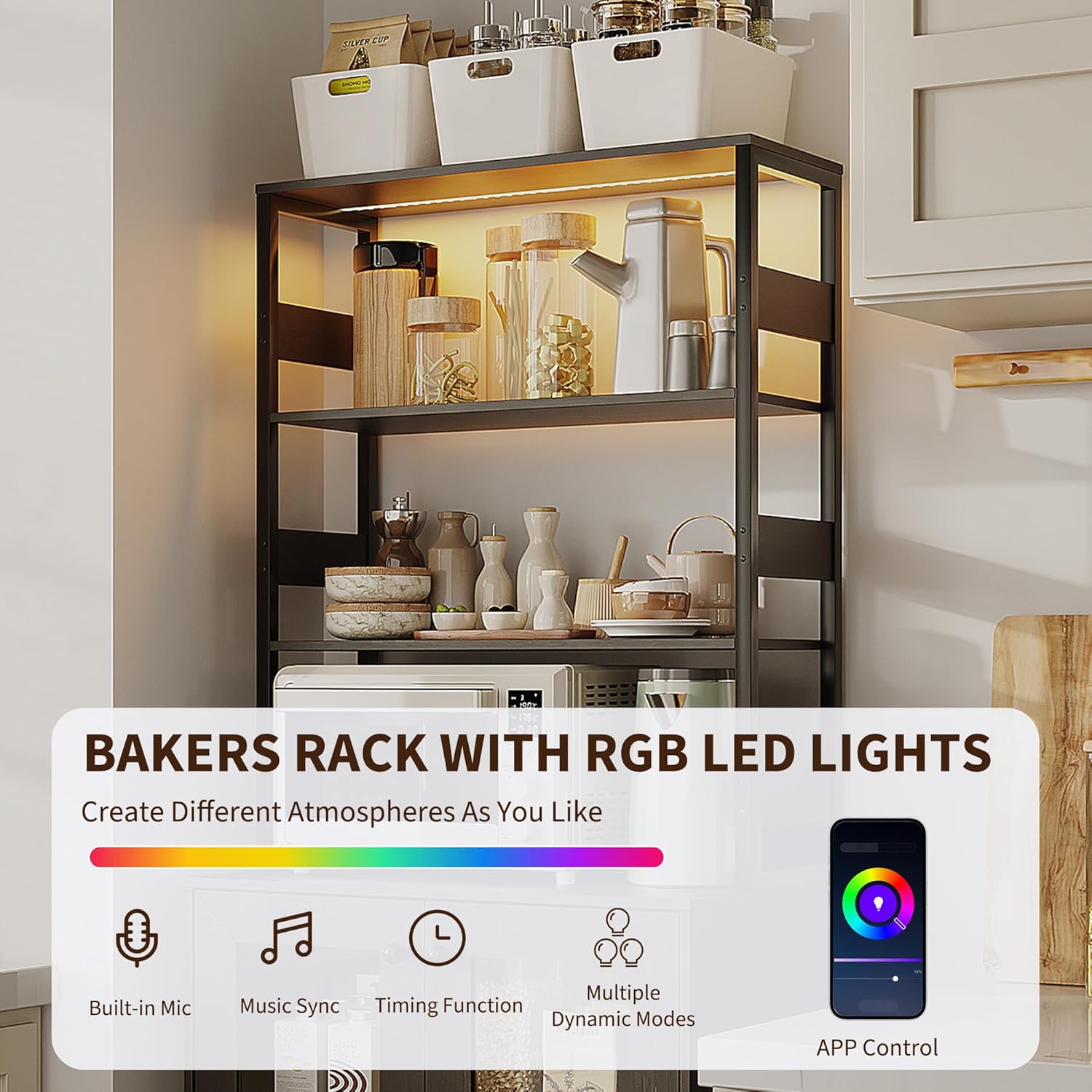 Kitchen Pantry Cabinet with LED Lights & Power Outlet, 66.9" H Kitchen Bakers Rack with Storage Shelves, Bar Cabinet with Glass Doors for Dining Room, Living Room, Hallway, Black