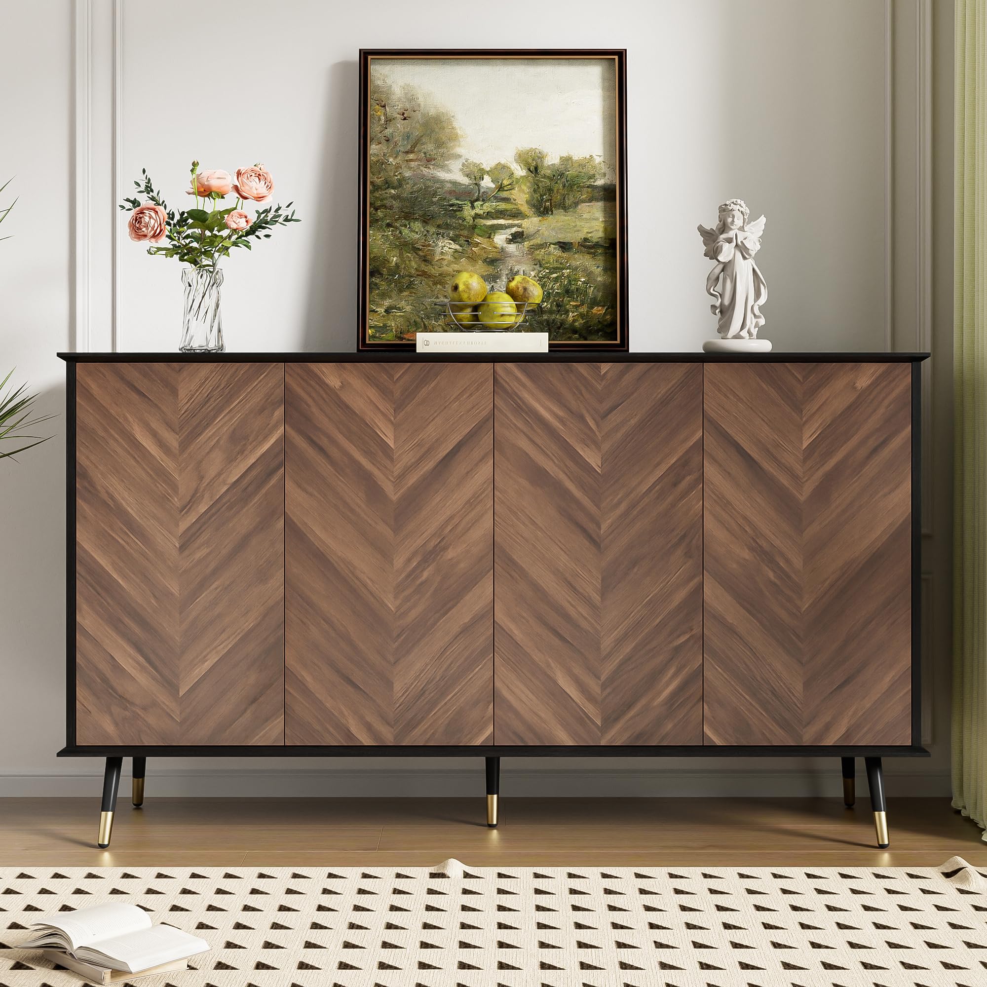 Credenza moderna con motivo a spina di pesce, armadio a buffet con 4 ante e ripiani regolabili in altezza, legno MDF e piedini in metallo, spazio per soggiorno, corridoio e sala da pranzo