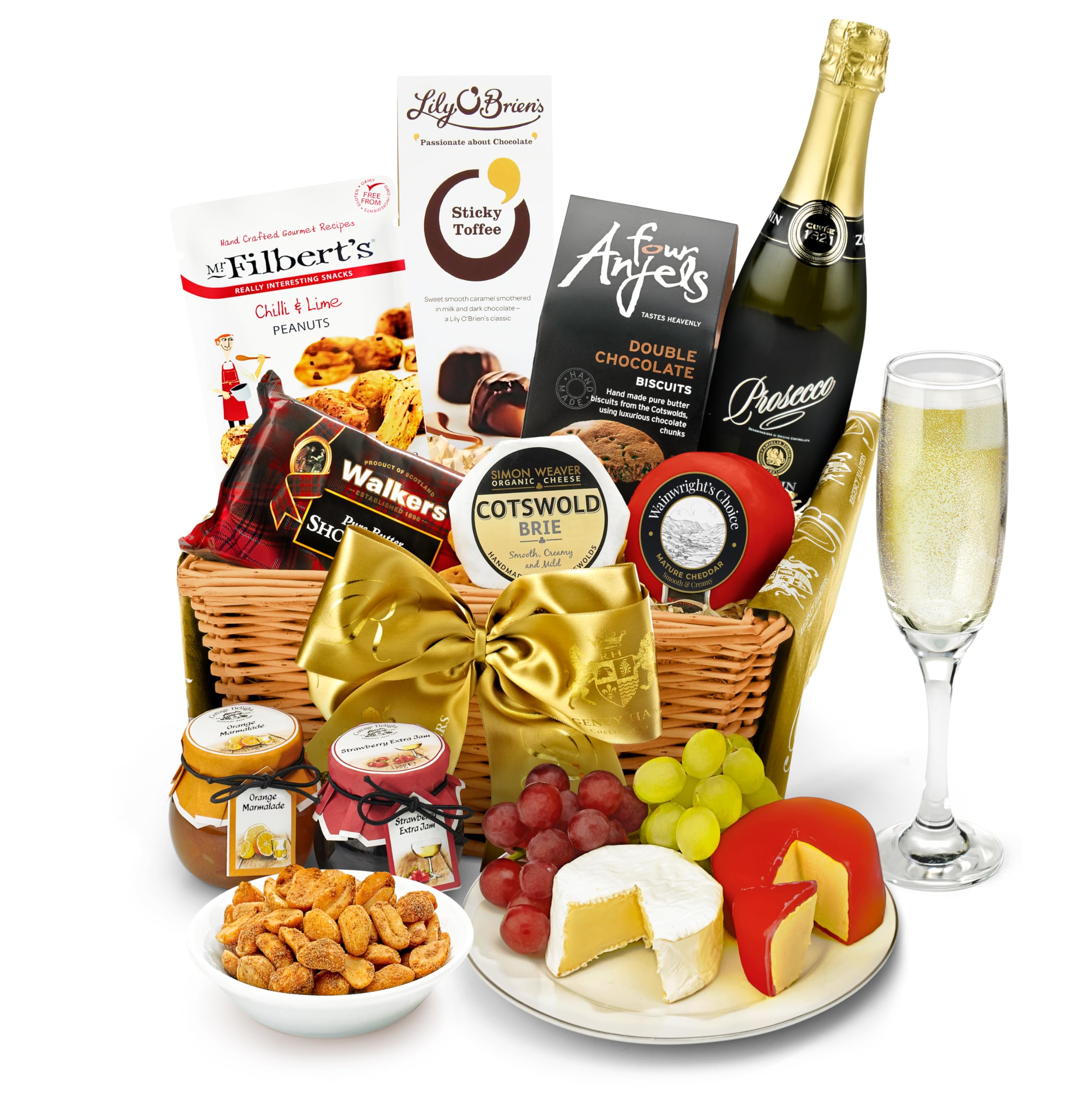 Classic Prosecco Gift Set - Downton Sparkling Wine Hamper with Mature Cheddar, Organic Brie, Shortbread, Chocolates - Birthday Prosecco Gifts for Her, from Regency Hampers