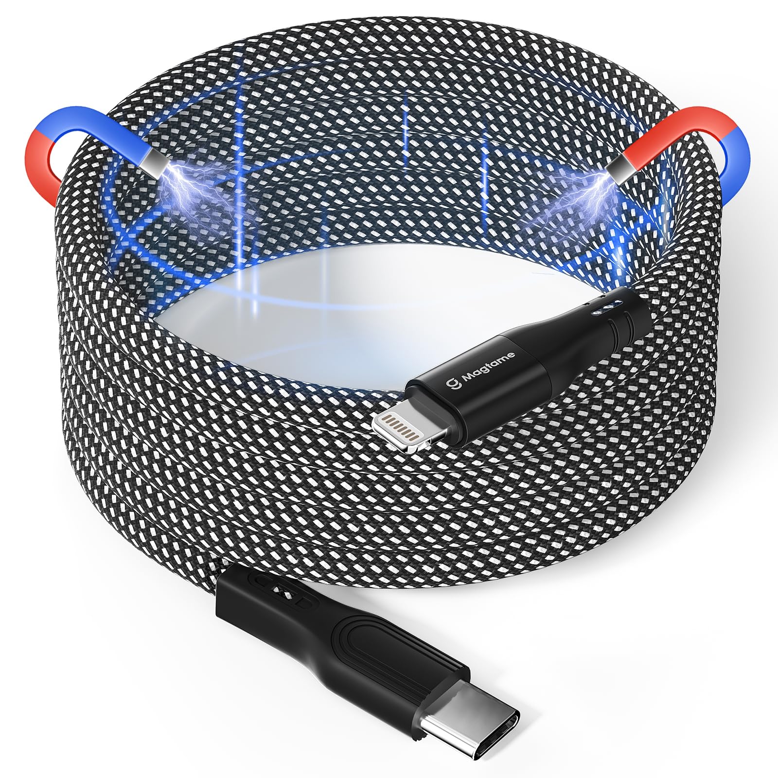 Magtame Magnetic USB C to Lightning Kabel Coiled, 1.5M MFi Certified USBC to Lightning Kabel Geflochten, Phone Schnellladekabel für Phone 14 13 12 11 Pro Max XR XS X 8 Plus SE Schwarz