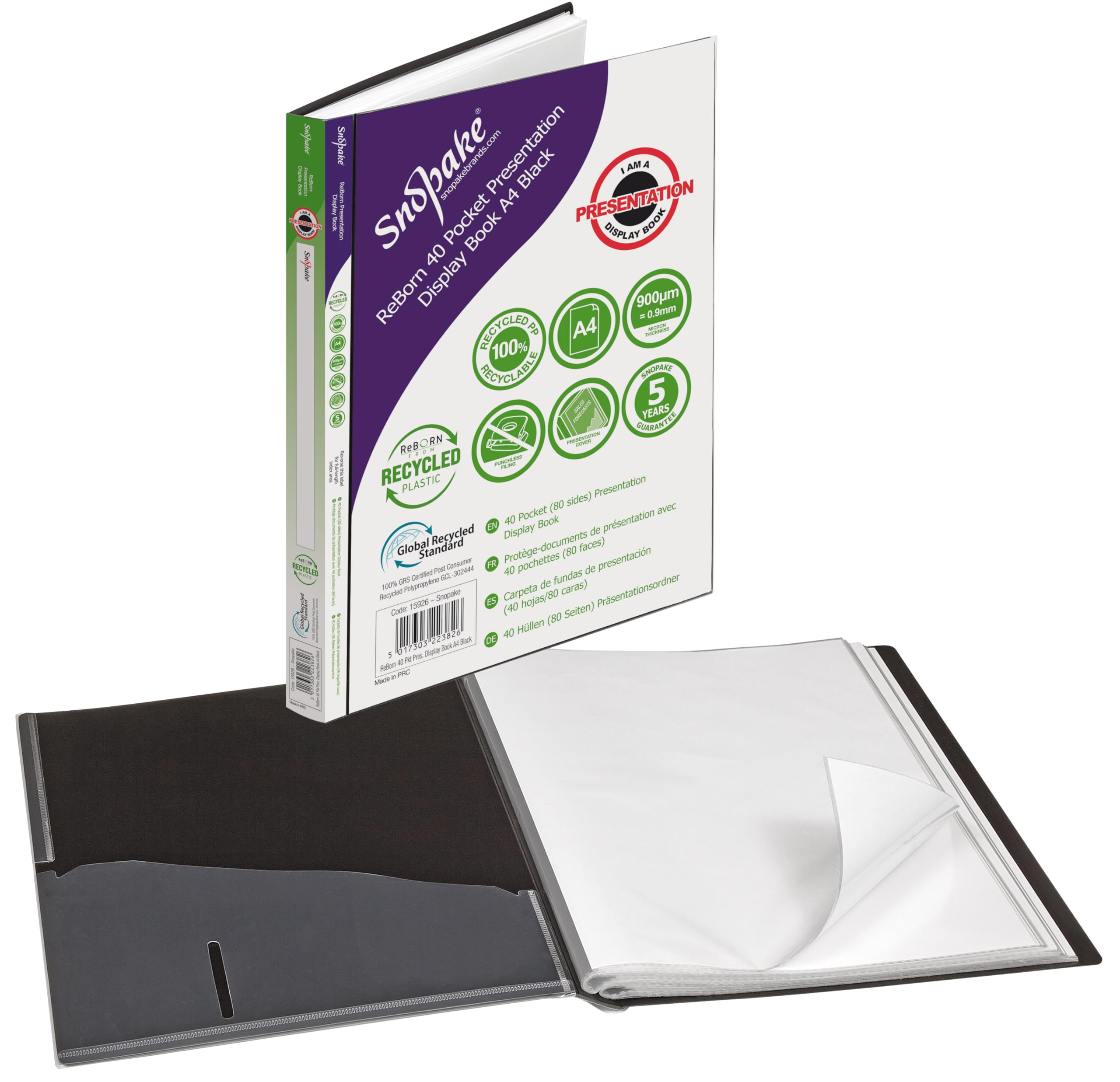 Snopake Reborn [100% Recycled] A4 Premium Presentation Display Book 40 Pockets / 80 Sides to View - Black [Pack of 1] Ref: 15926