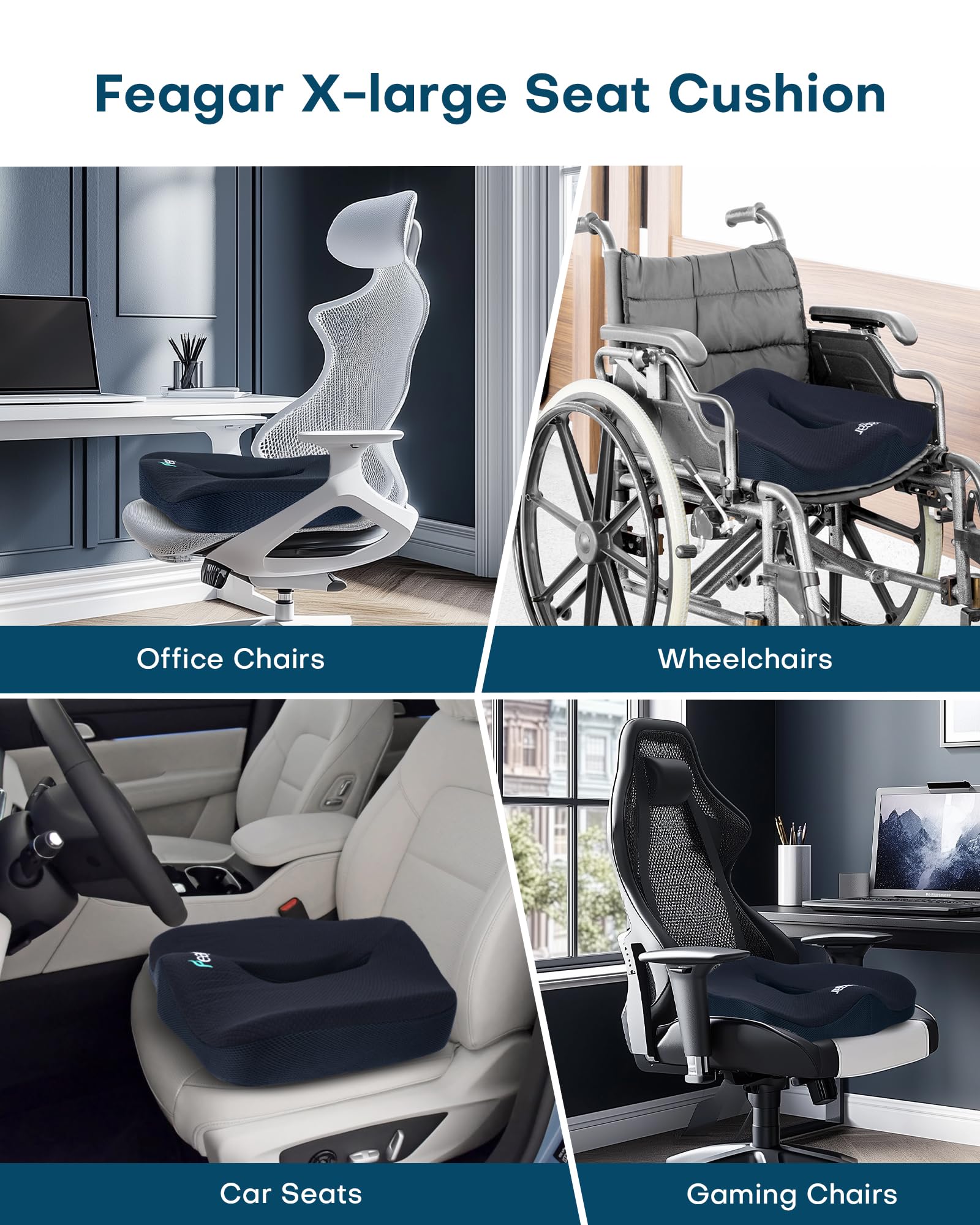 Feagar 2024 Nuovo Grande Cuscino Sedia Ufficio, Cuscino per Sedile XXL in Memory Foam, Ergonomico, Cuscino Coccige, Adatto per Uso Interno ed Esterno, Colore: Blu Scuro