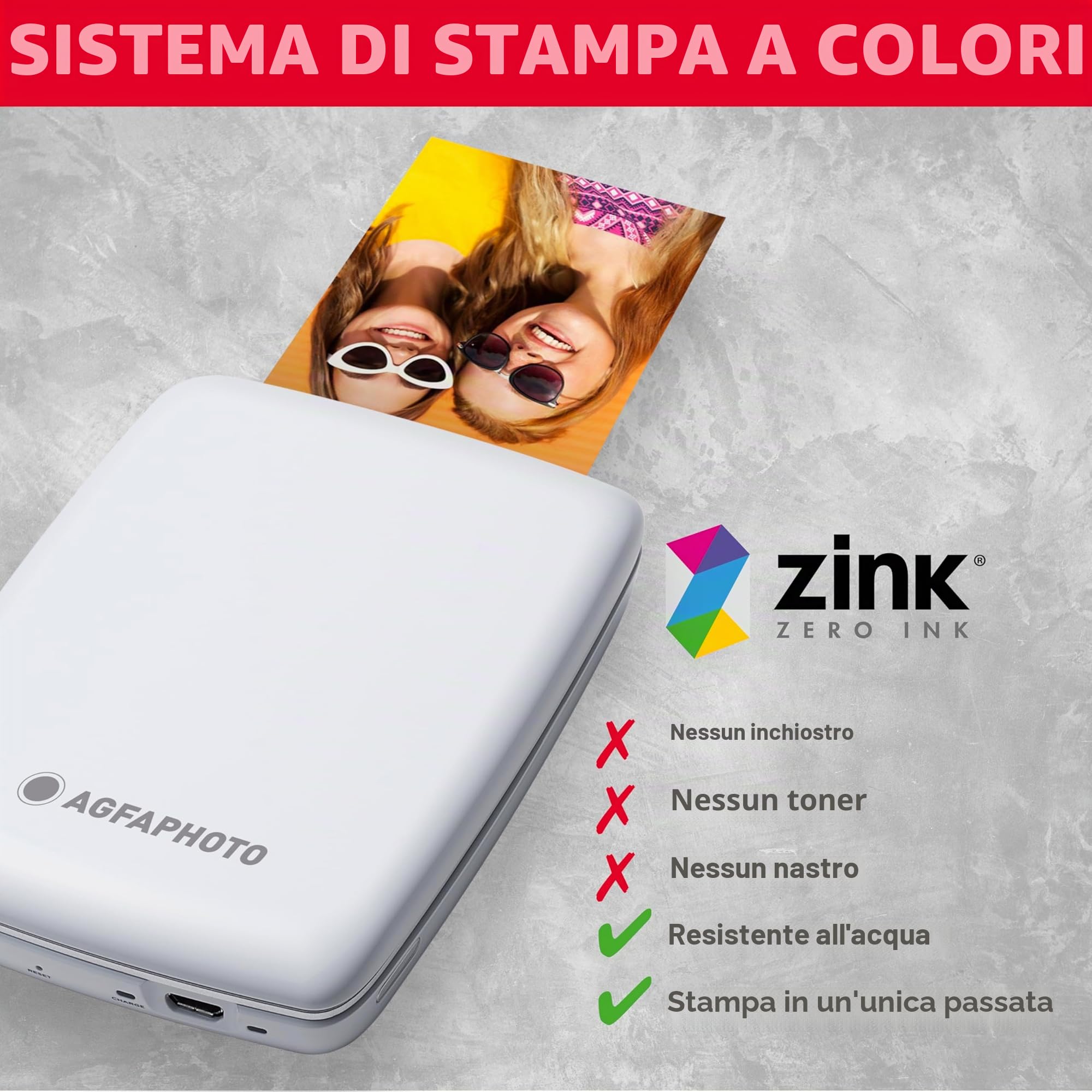 AGFA PHOTO Mini P.2 - Stampante Portatile Zink per Foto Istantanee - Stampa Facile e Veloce - Stampante Fotografica 75 x 50 mm Portatile senza Inchiostro per Smartphone e Tablet - Bianco