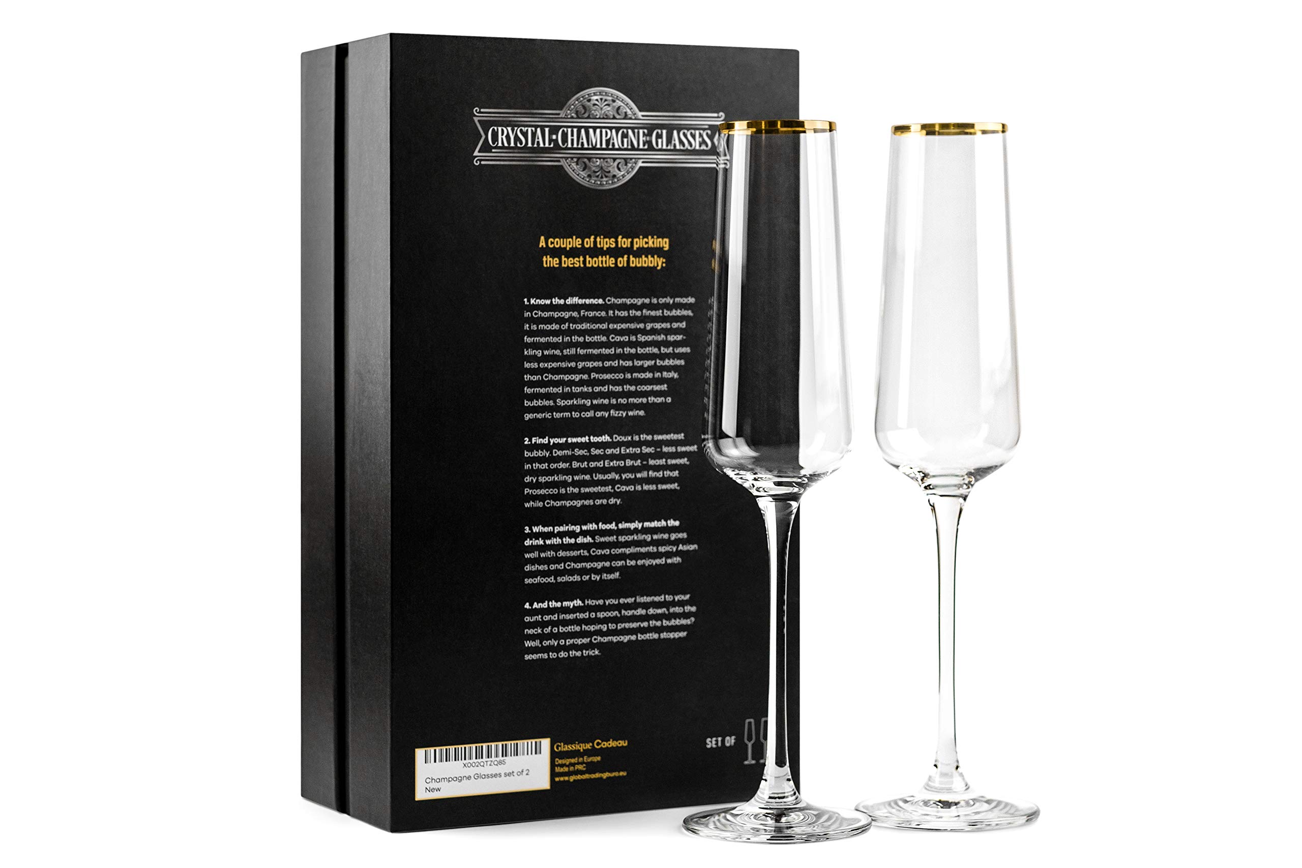 Copas de Champán con Borde Dorado para Regalo | Juego de 2 | Copas de Brindis de Cristal para Novios, Bodas, Aniversarios y Cumpleaños | Elegante Cristalería para Cava, Prosecco, Vino Espumoso