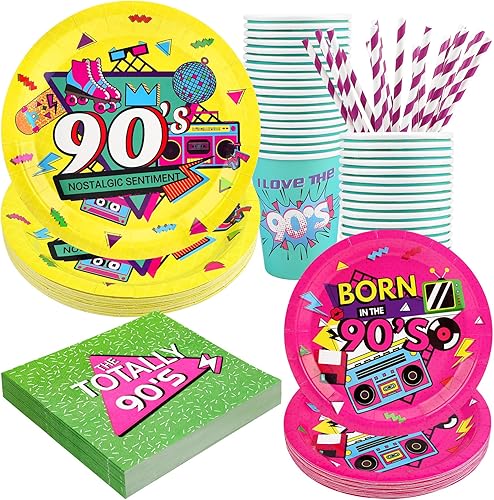 Miniatura 1 de Decoraciones para fiestas de cumpleaños de los años 90, juego de platos y servilletas de papel de cumpleaños con tazas y pajitas para 24 invitados,