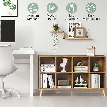 8-Cube Bookshelf 2 Tier Retro Bookcase with Legs, 120cm Wood Bookshelves Storage Organizer Shelf, Freestanding Open Book Shelves for Bedroom Living Room Office, Rustic Brown