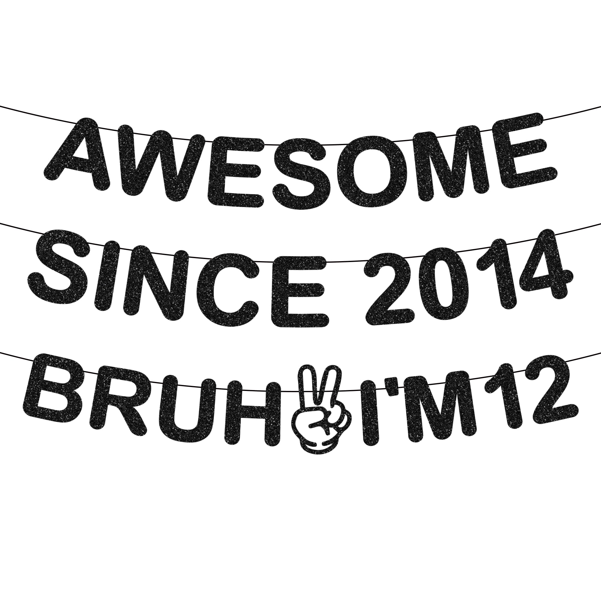 12th Birthday Party Decorations Banners - 3 Pcs Bruh I'M 12 Banner, String Black Birthday Garland with Sparkling Letters, Black Glitter Awesome Since 2014 Banner for 12 Year Olds Party Supplies