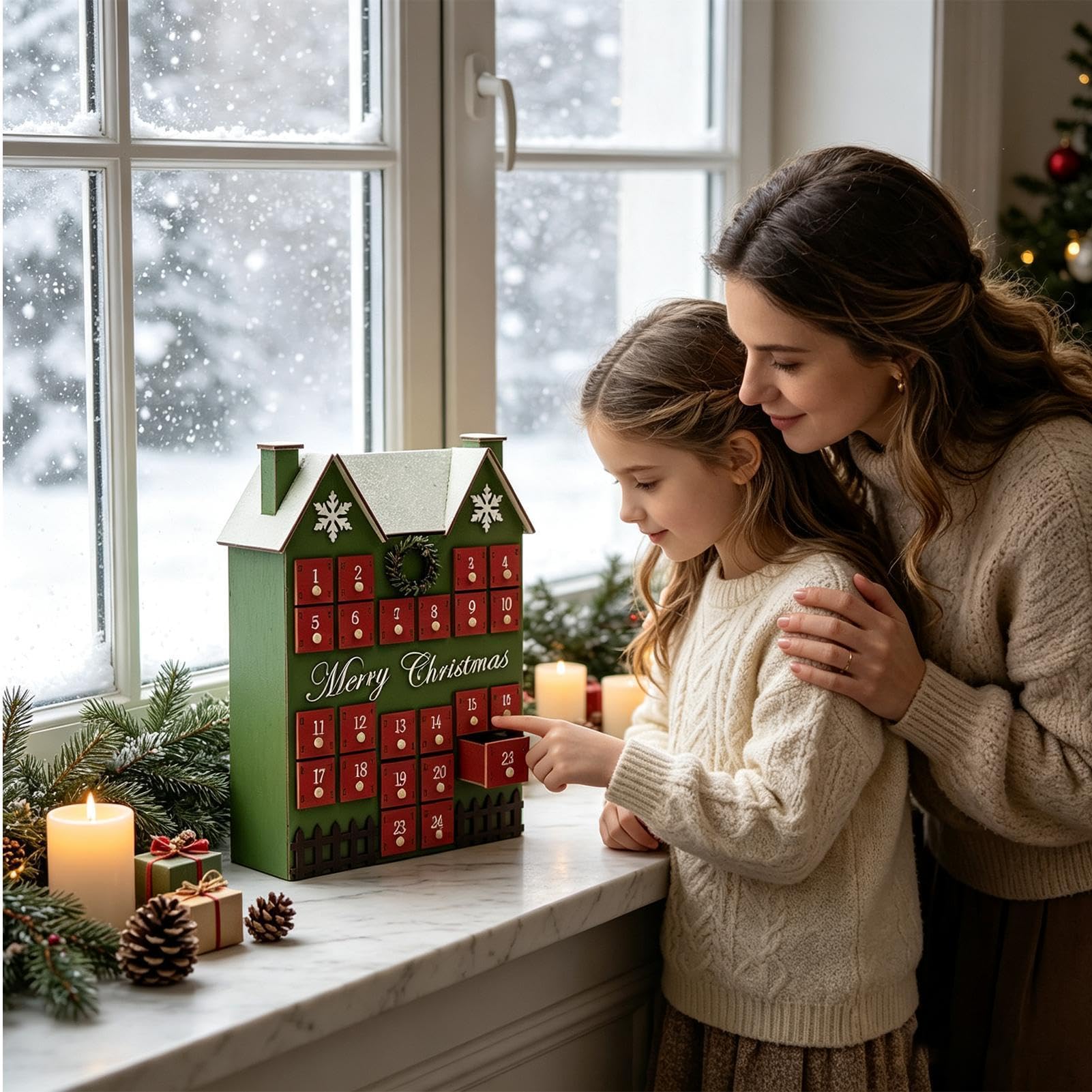 Calendrier de l'Avent en Bois Décoration de Noël en Forme de Maison 24