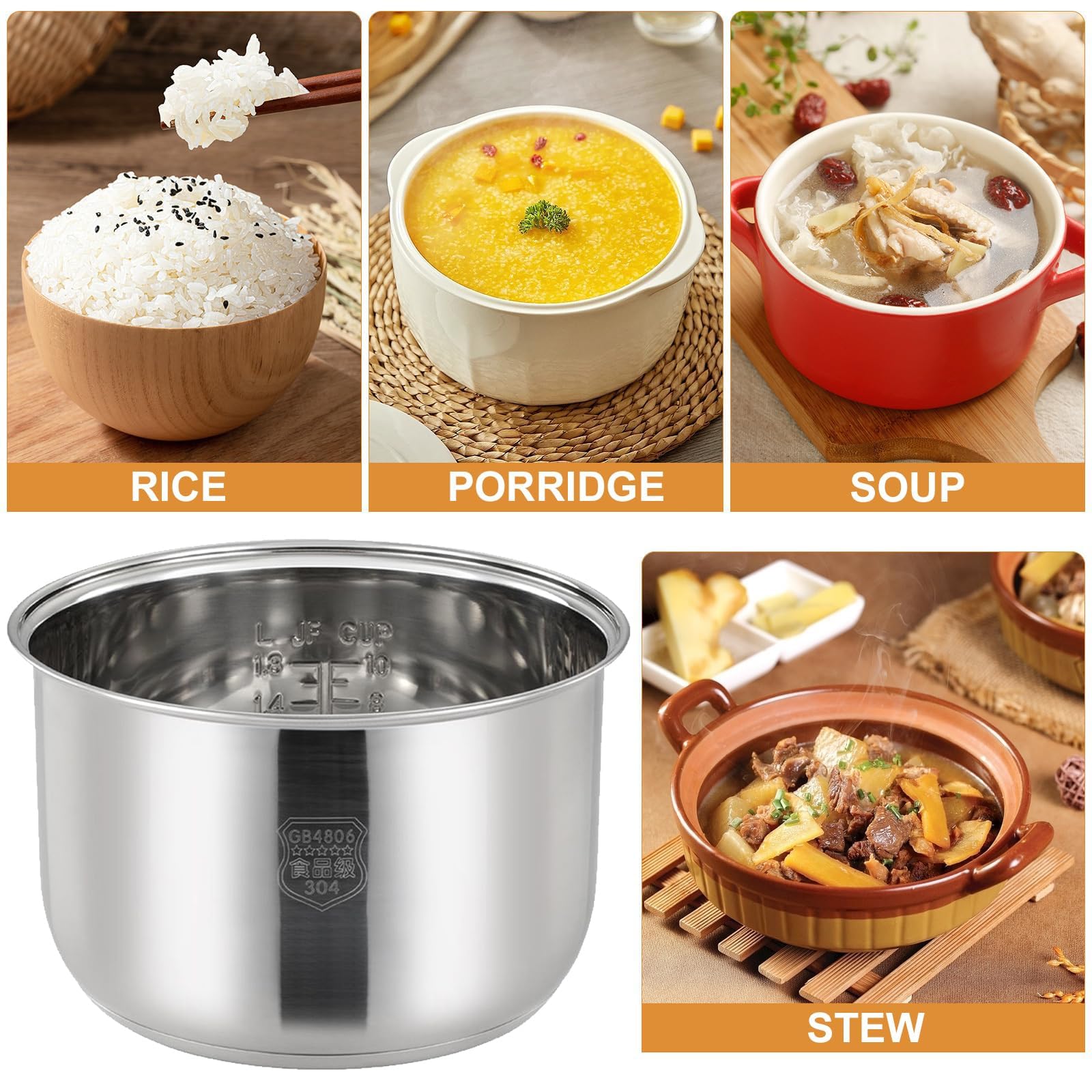Rice Cooker Stainless Steel Inner Pot, Stainless Steel Inner Pot, Suitable for Various Brands of Rice Cooker Replacement Pots (Silver,5L (140mm height))