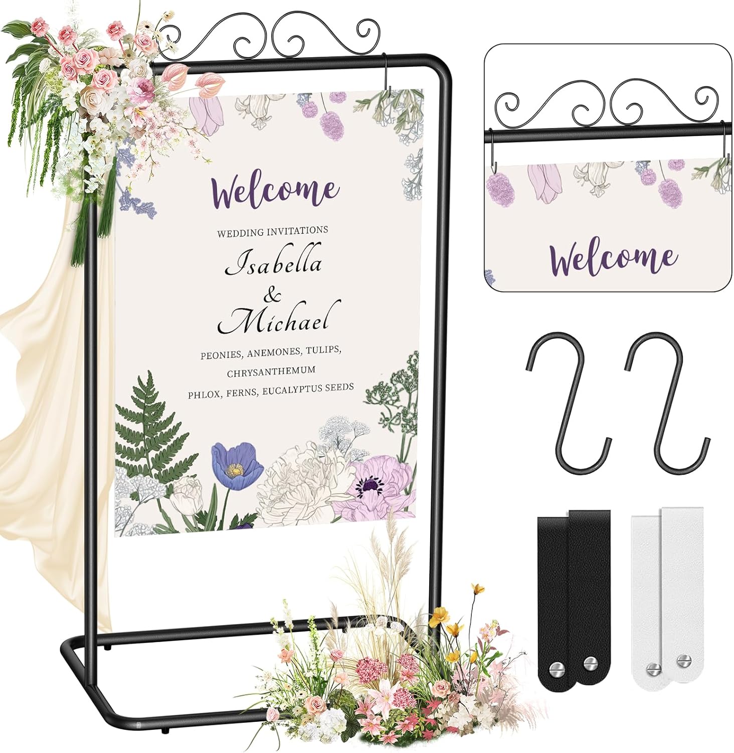 69” Tall Wedding Welcome Sign Stand, Heavy Duty Adjustable Metal Sign Holder with Leather Straps for Wedding & Event Decor