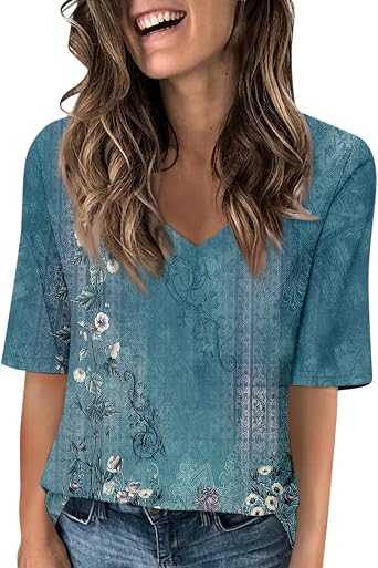 Half Sleeve Tops for Women Womens Casual V Neck Floral Printed Summer Shirts Loose Fit Elbow Length Sleeve Blouses