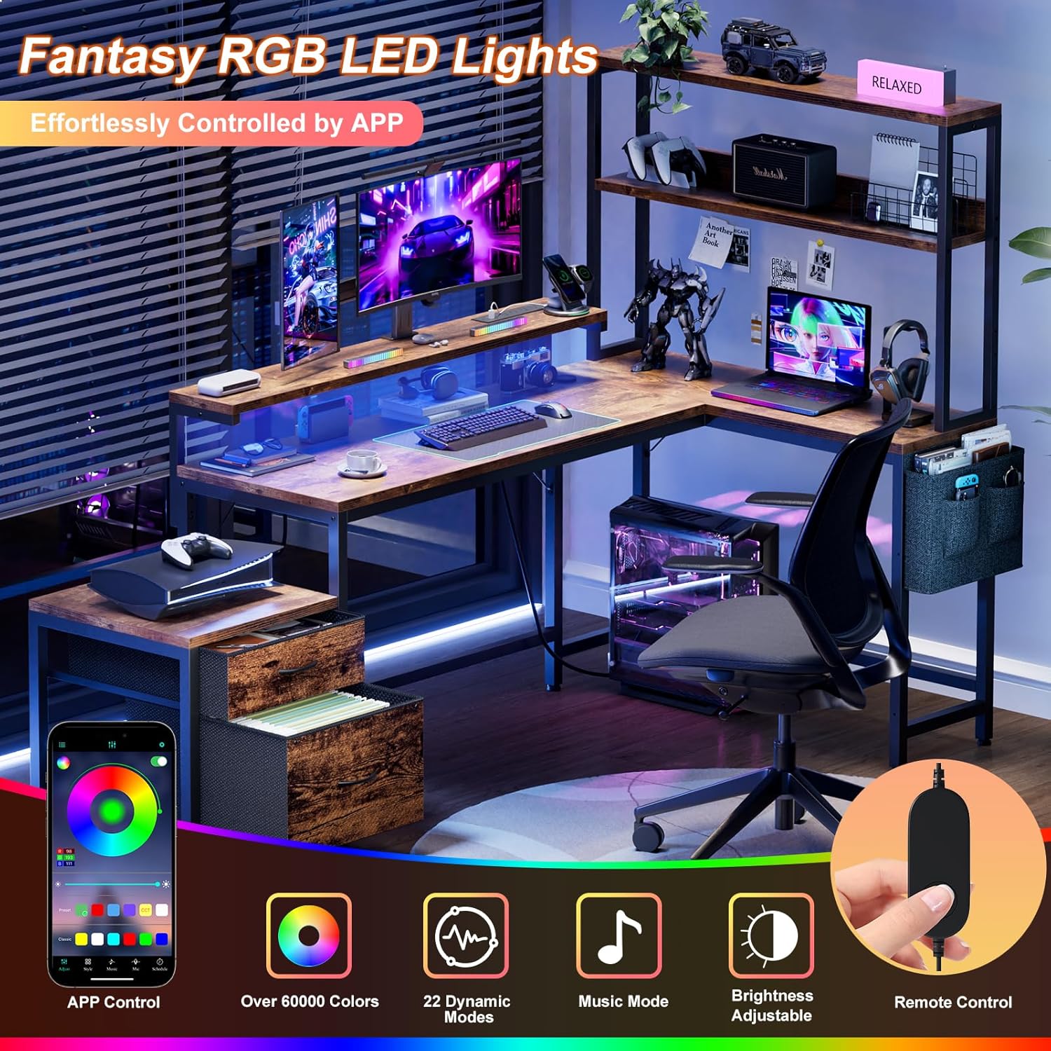 REAHOME 70 Inch L Shaped Desk with File Drawers and Reversible Storage Shelves, Computer Desk with Power Outlet & LED Strip, Home Office Desks, Writing Study Desk for Bedroom, Rustic Brown