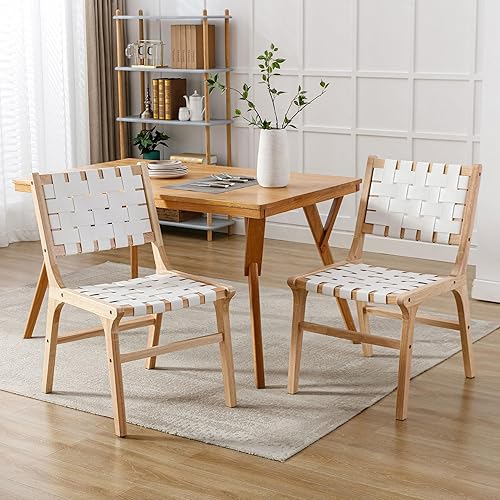 Juego de 2 sillas de comedor estilo granja, de piel sintética, modernas, con tiras tejidas, cómodas, patas de madera, para comedor, sala de estar,