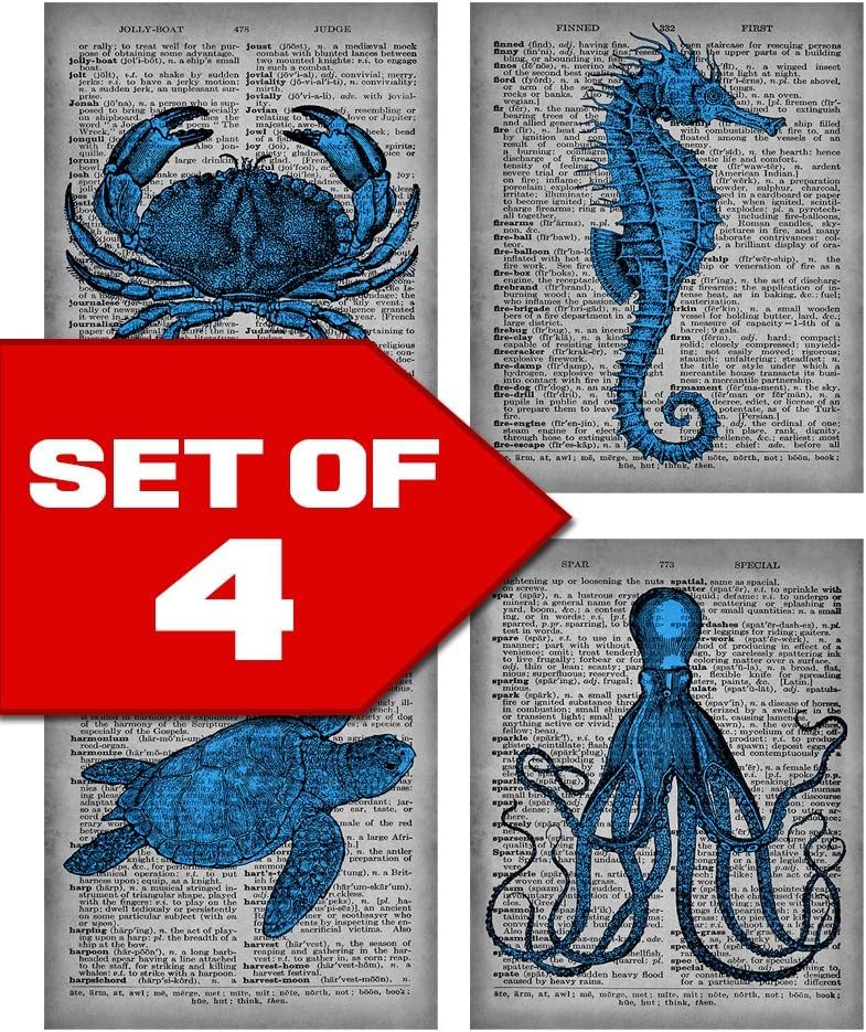 Blue Sea Life Dictionary Style Wall Art Bundle, Set of Four 8x10 Prints, Sea Horse, Octopus, Sea Turtle and Crab. Perfect for Home, Office, Business. Designed Exclusively